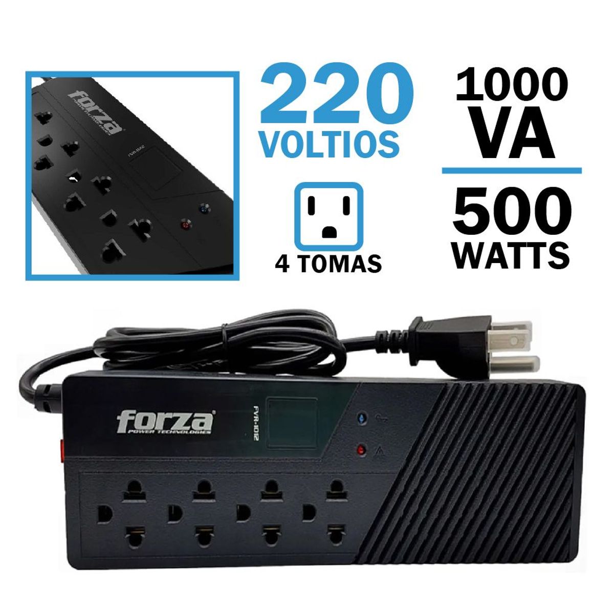 FORZA - Estabilizador Forza 4 Tomas FVR-1012 Voltaje 1000VA / 500W 220v