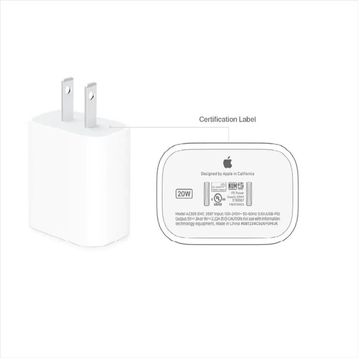 APPLE - Cargador Apple 20W Tipo C Original Y Carga Rápida - Blanco