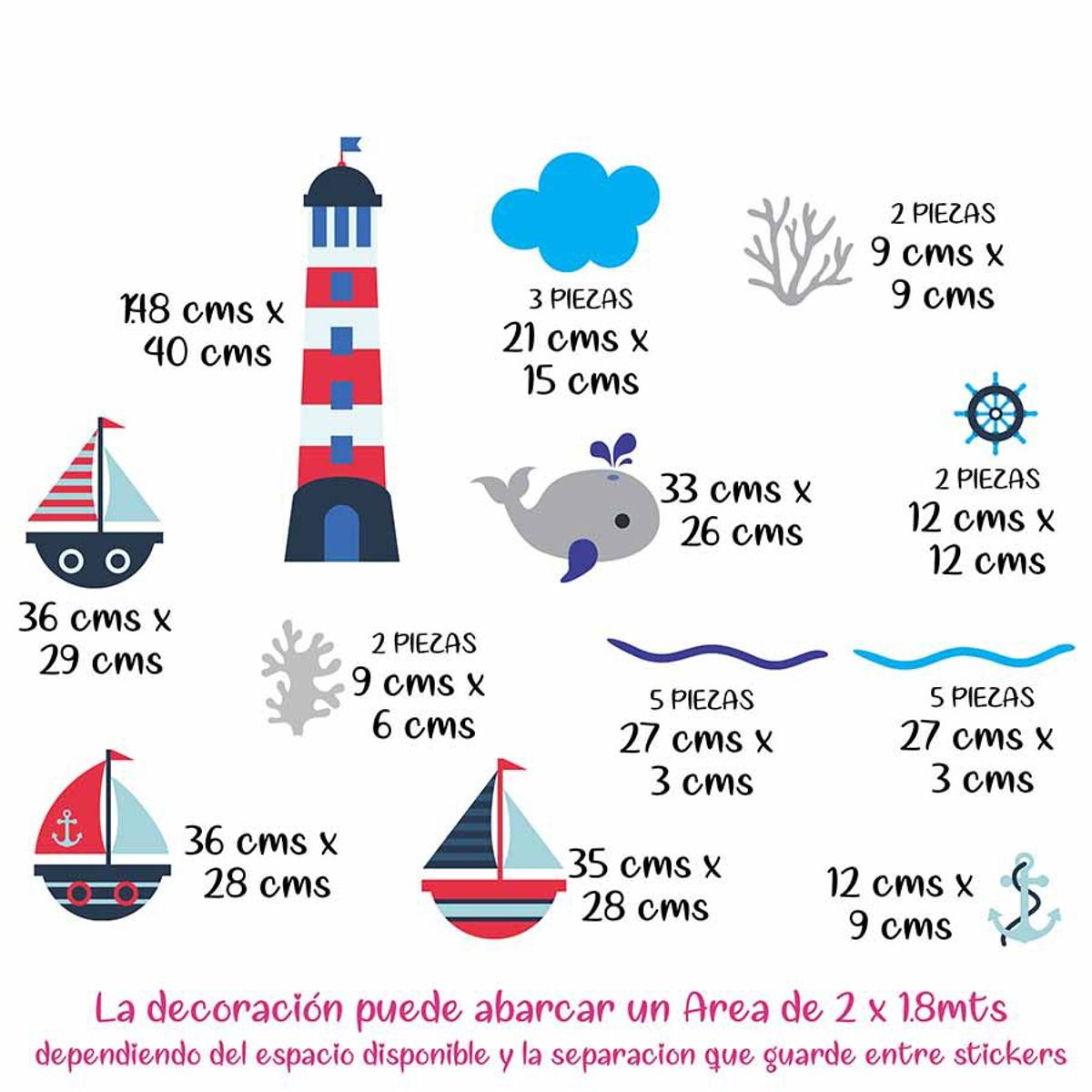 GENERICO - Vinilo Infantil Nautico Mar barcos Faro decoracion Adhesivo para niños