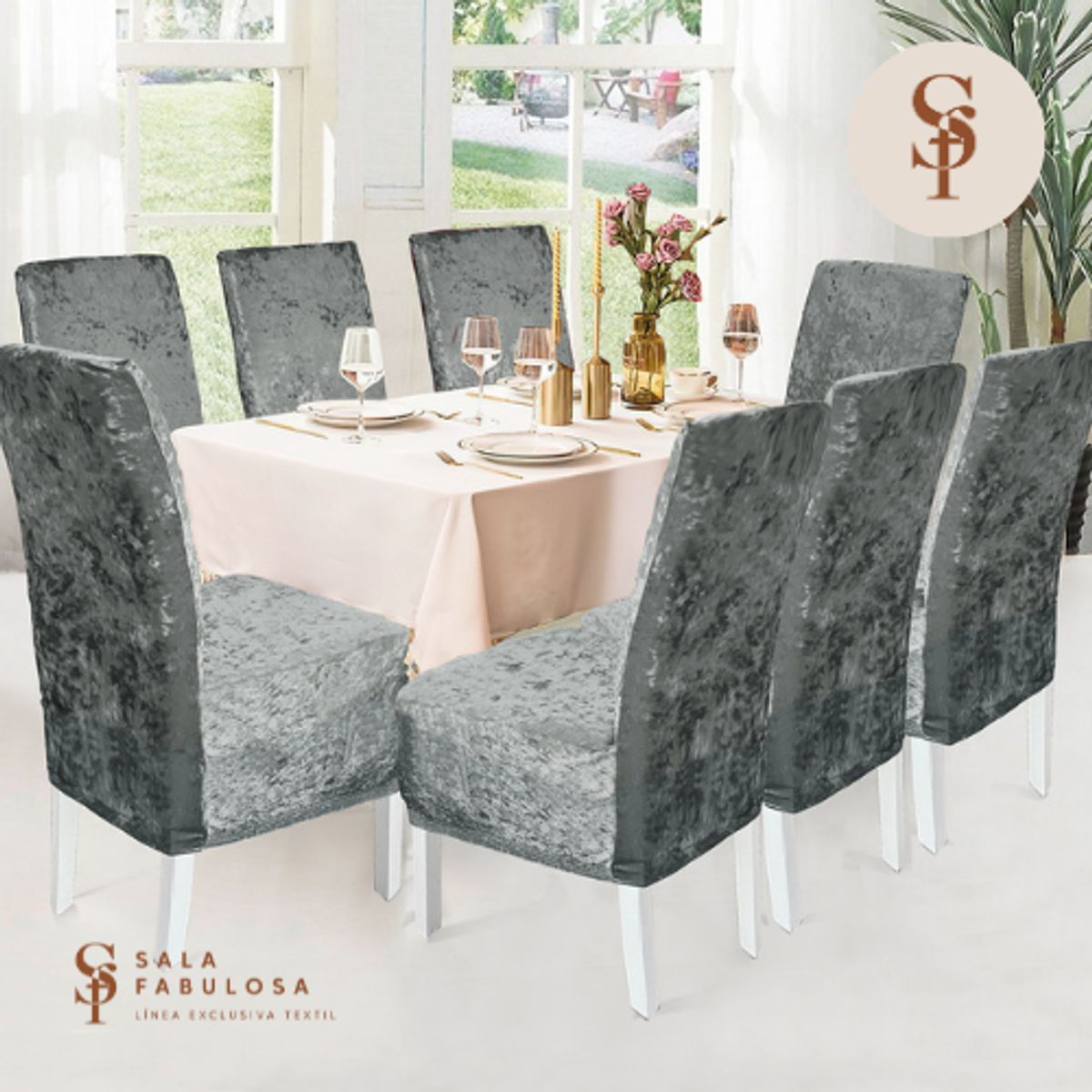 SALA FABULOSA - Funda de silla 8 piezas terciopelo brilloso - Gris Sala fabulosa