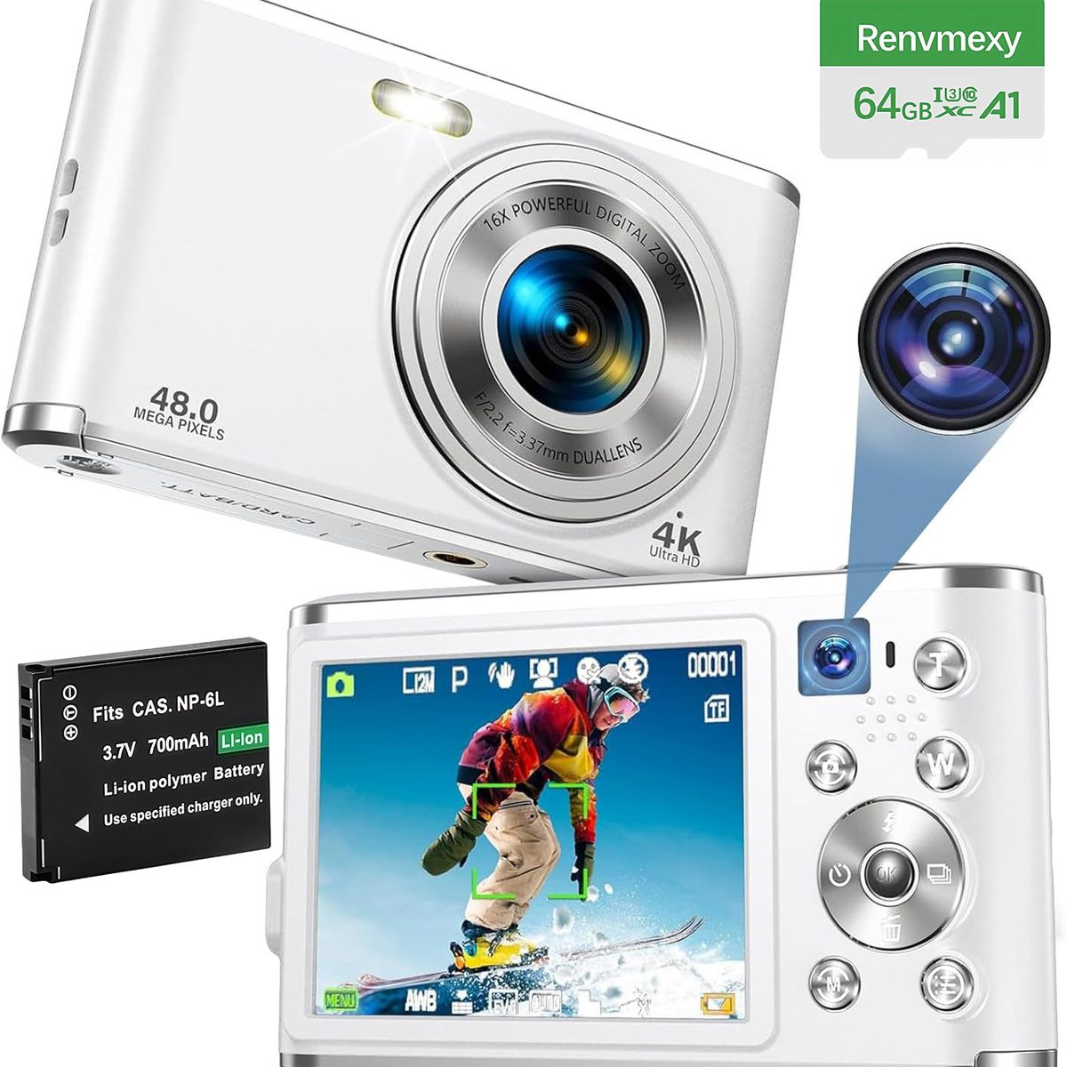 RENVMEXY - Cámara Digital Doble 4K 48MP RENVMEXY DC306L 64GB Plata