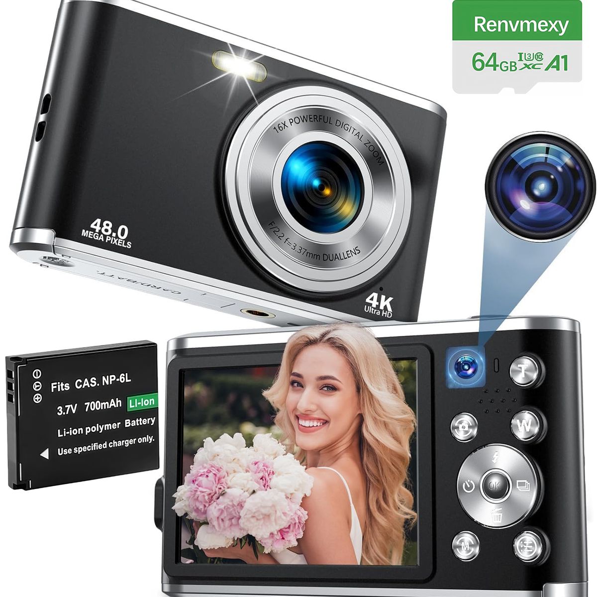RENVMEXY - Cámara Digital Doble 4K 48MP RENVMEXY DC306L 64GB Negro