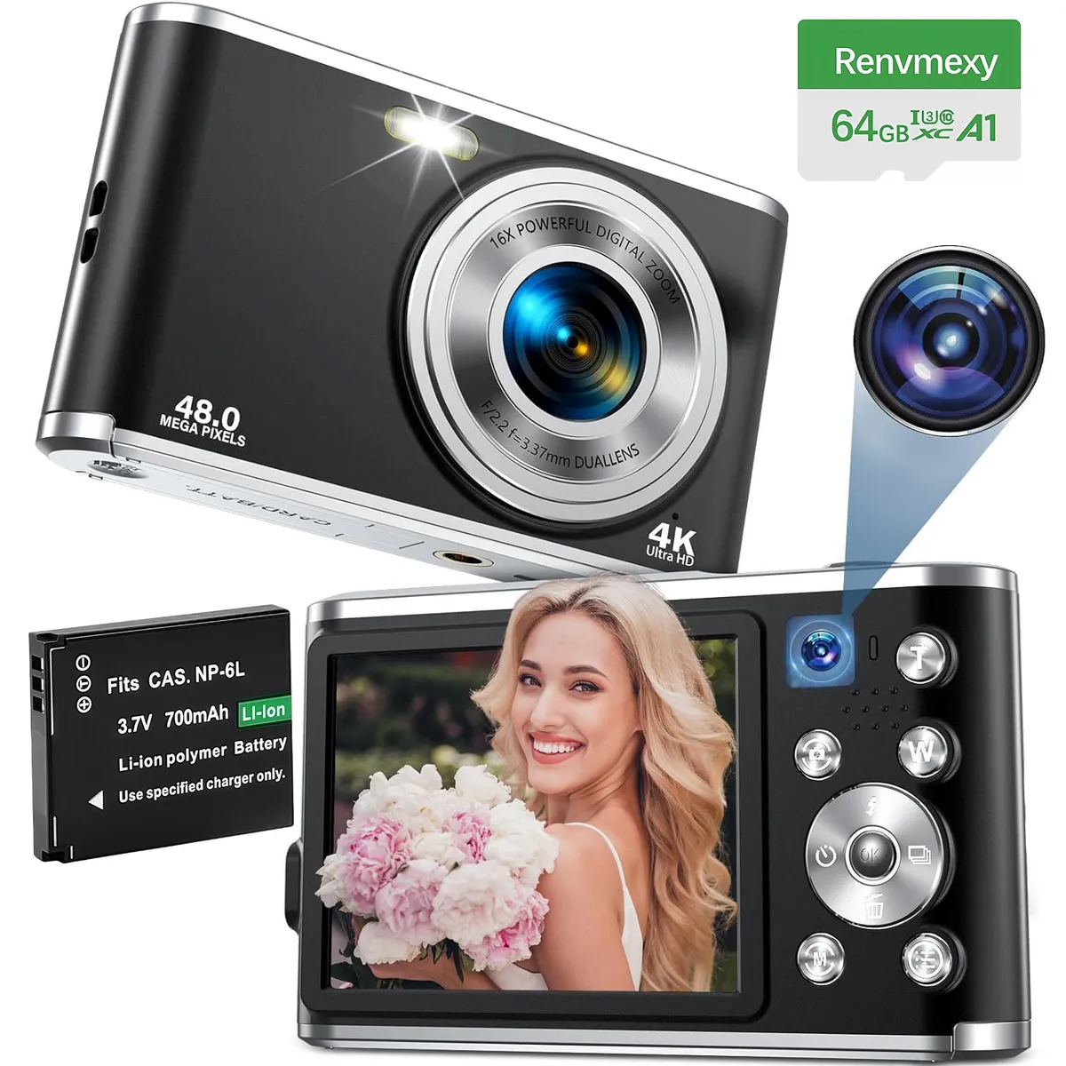 RENVMEXY - Cámara Digital Doble 4K 48MP RENVMEXY DC306L 64GB Negro