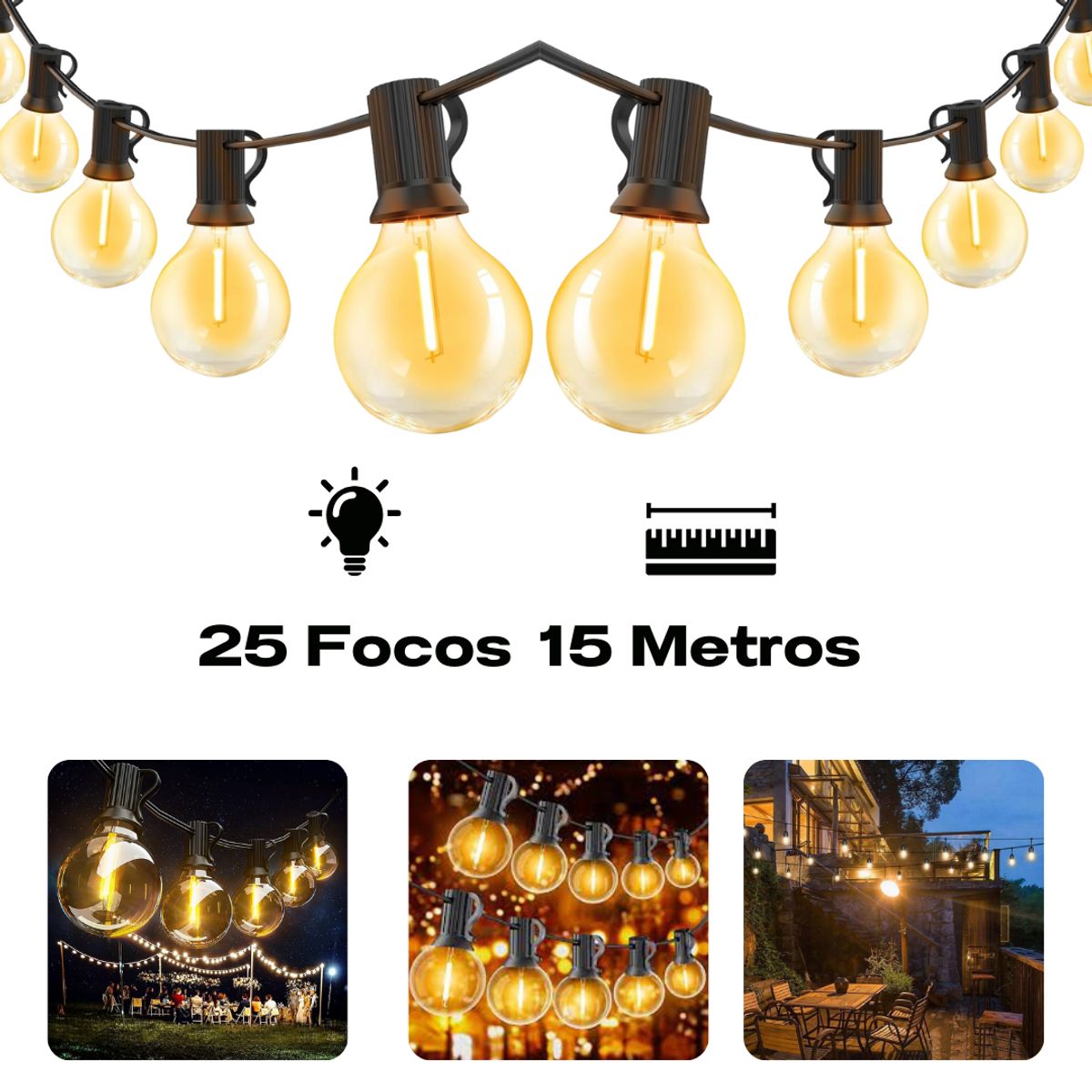 SEISA - Guirnalda Luces Vintage Colgante 25 FOCOS  15 metros LED Jardin