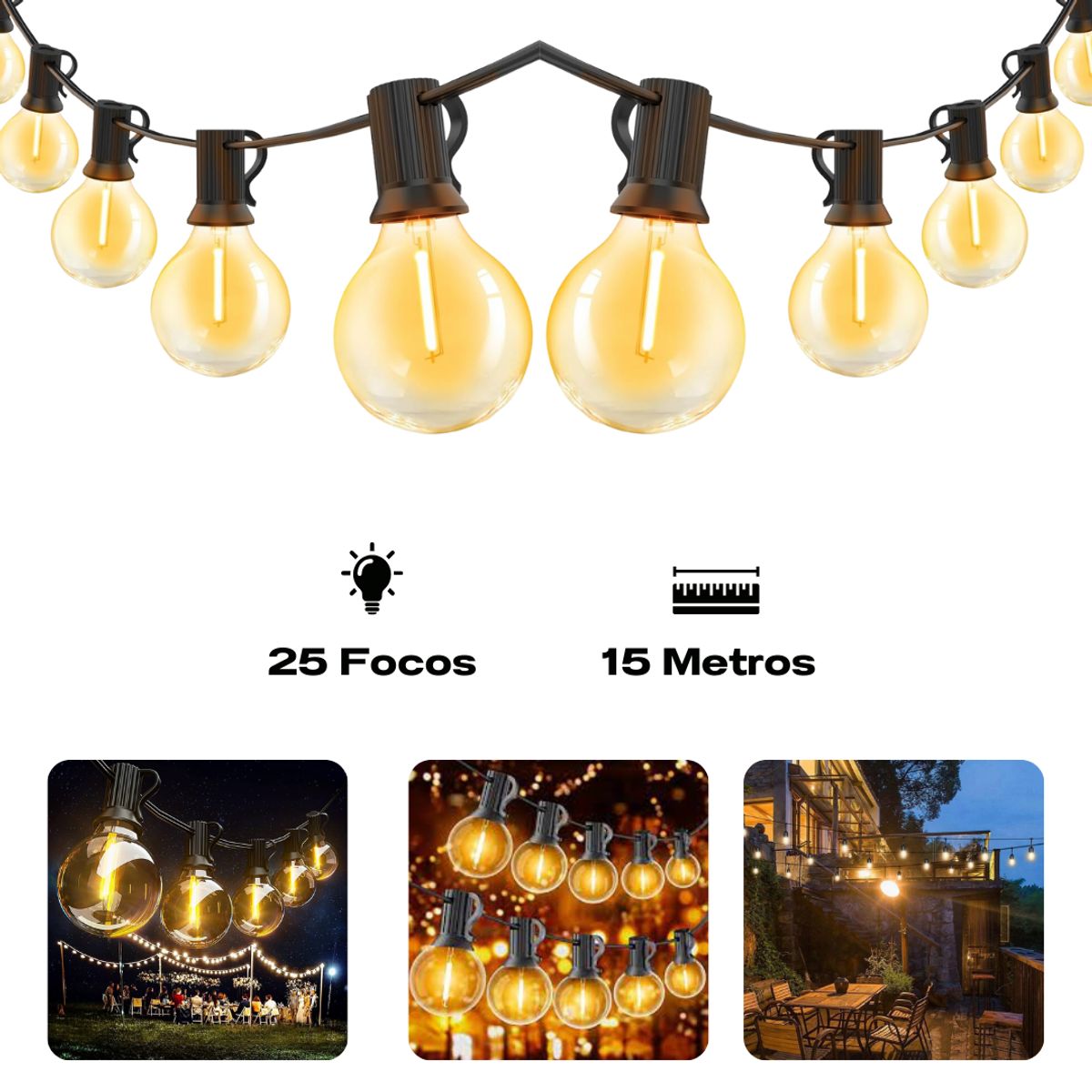GENERICO - Luces Guirnaldas 15 Metros 25 Bombillas De Exteriores Luz Led