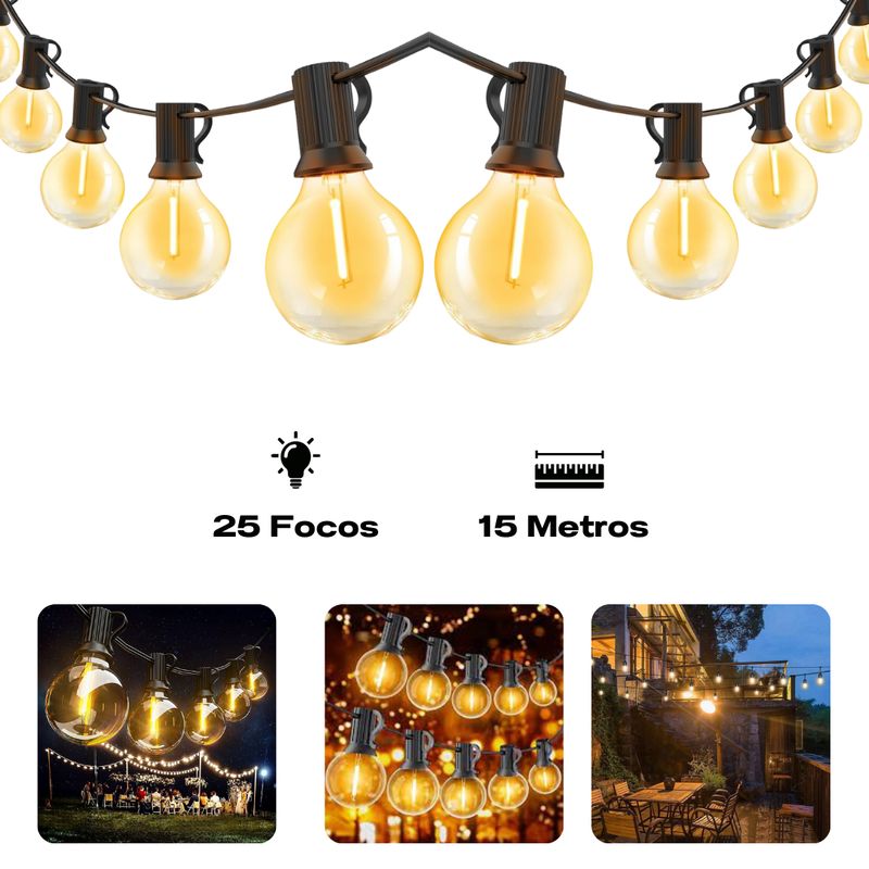 SEISA - Focos Guirnalda de Luces para exteriores 15 Metros 25 Focos