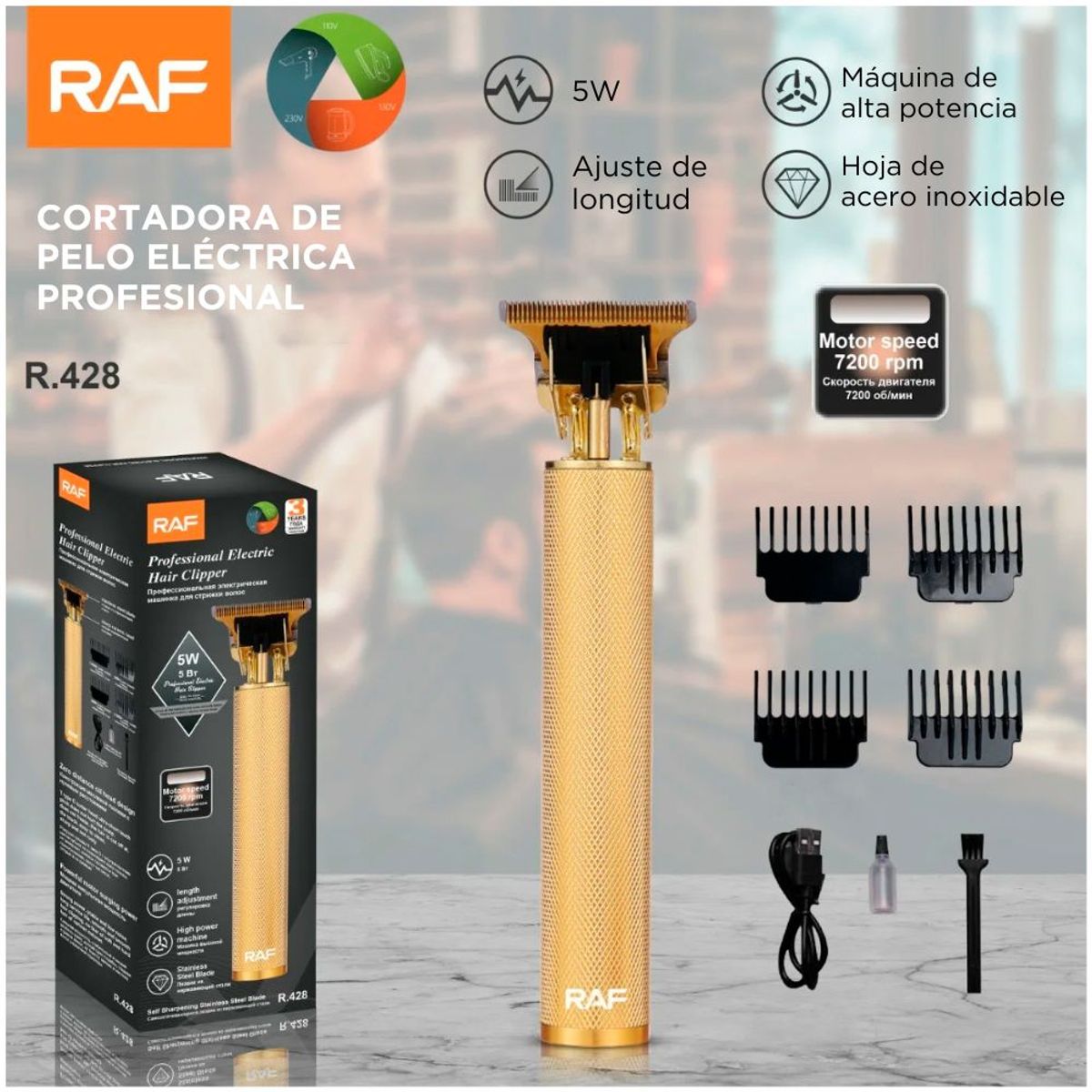 MINARI - Máquina de Afeitar Profesional Cortadora Patillera Hair Clipper Gold RAF R428