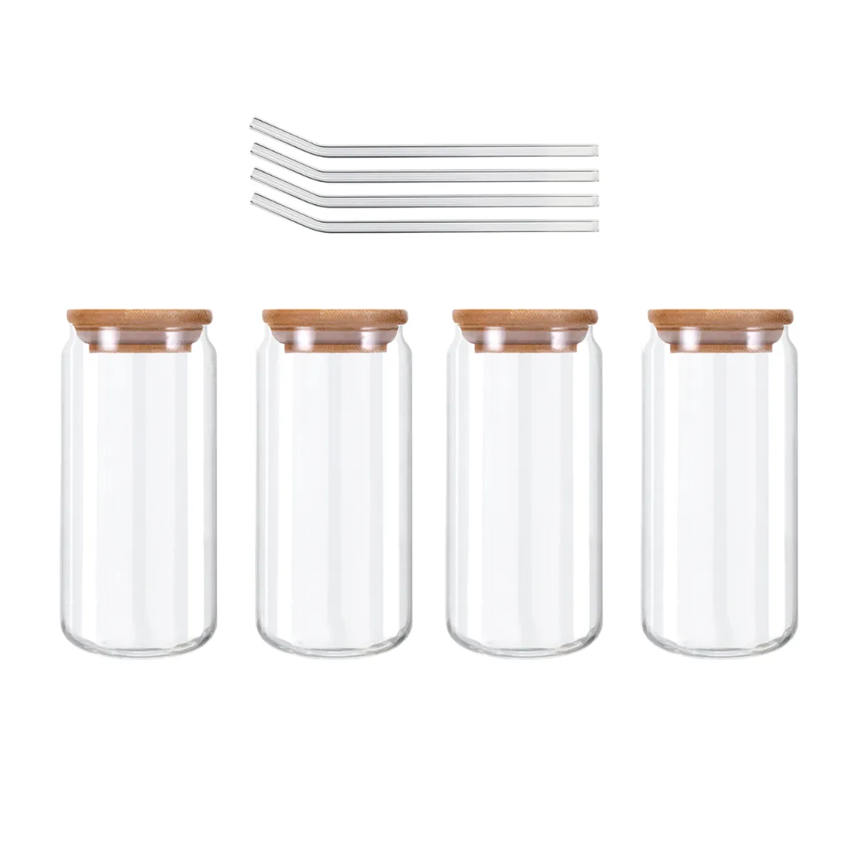 MOLAND - 4 Vasos con tapa de bambú y cañita de vidrio - Resistente al Calor