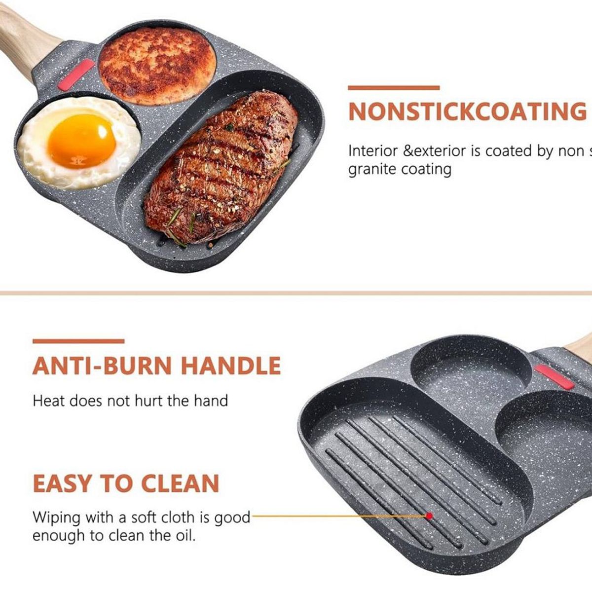 GENERICO - Sartén Antiadherente con Grill 3 Divisiones