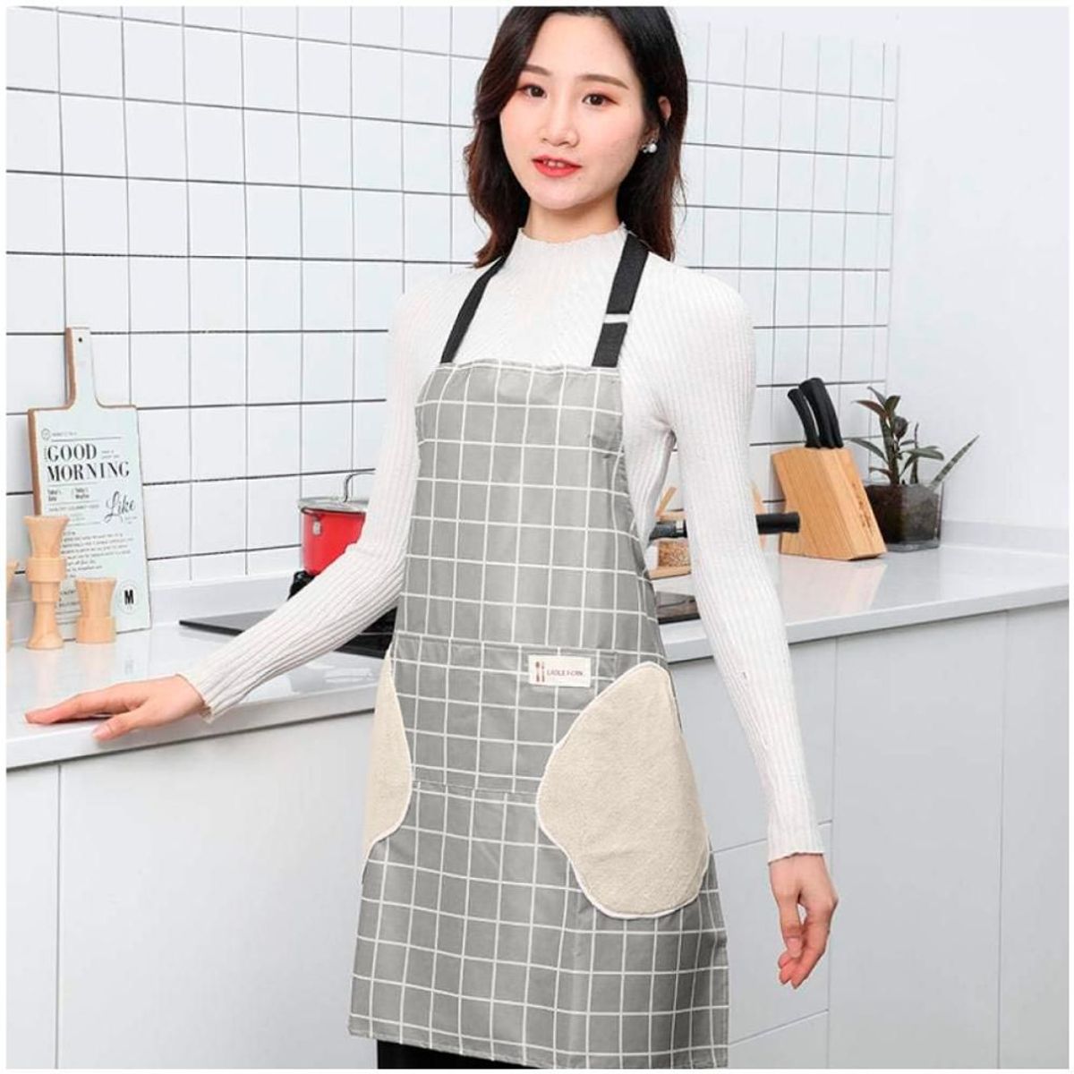 MINARI - Mandil Delantal de Cocina Impermeable con Secador Cuadros PL 980D