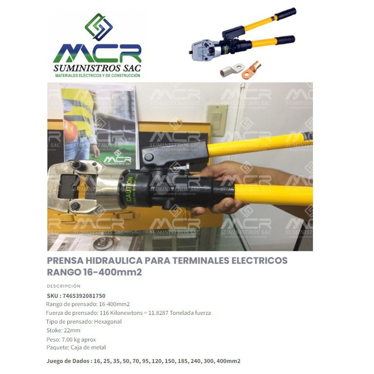 GENERICO - PRENSA TERMINAL HIDRAULICO PARA TERMINAL DE COMPRESION DE 16 A 400 MM2