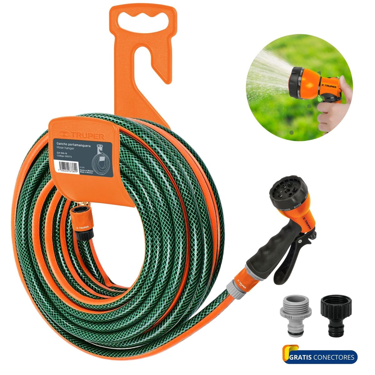 TRUPER - Combo manguera de riego 1-2X25m portamanguera pistola de riego ERGO