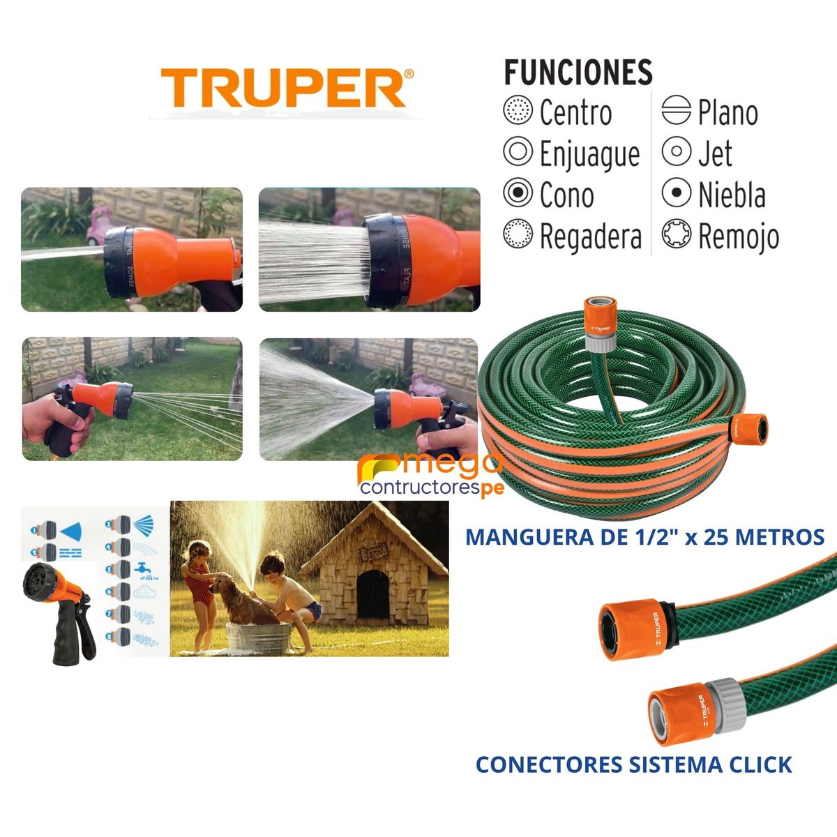 TRUPER - Combo manguera de riego 1-2X25m portamanguera pistola de riego ERGO