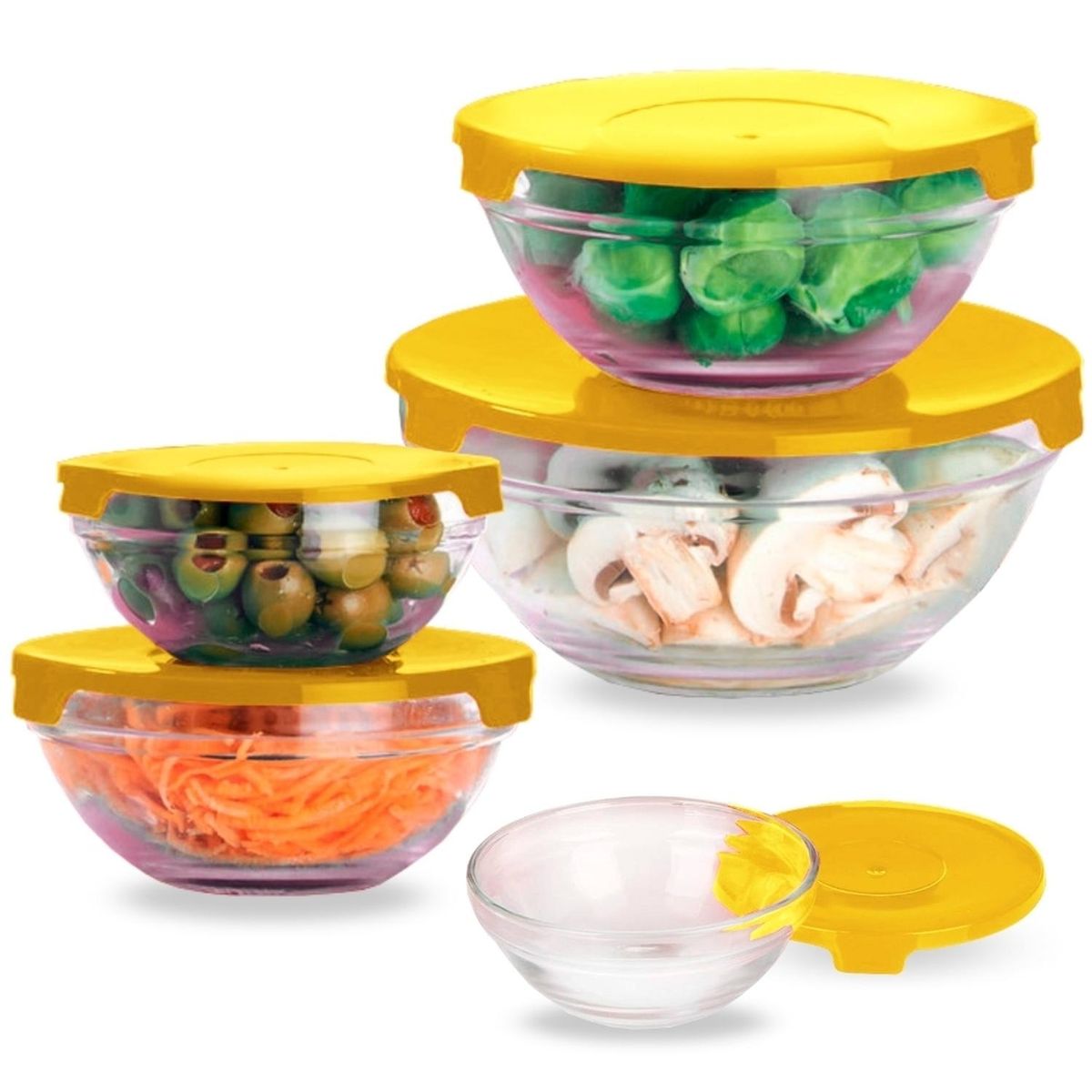 MINARI - Set 05 Bowls de Vidrio Tápers Herméticos con Tapa Amarillo 45V