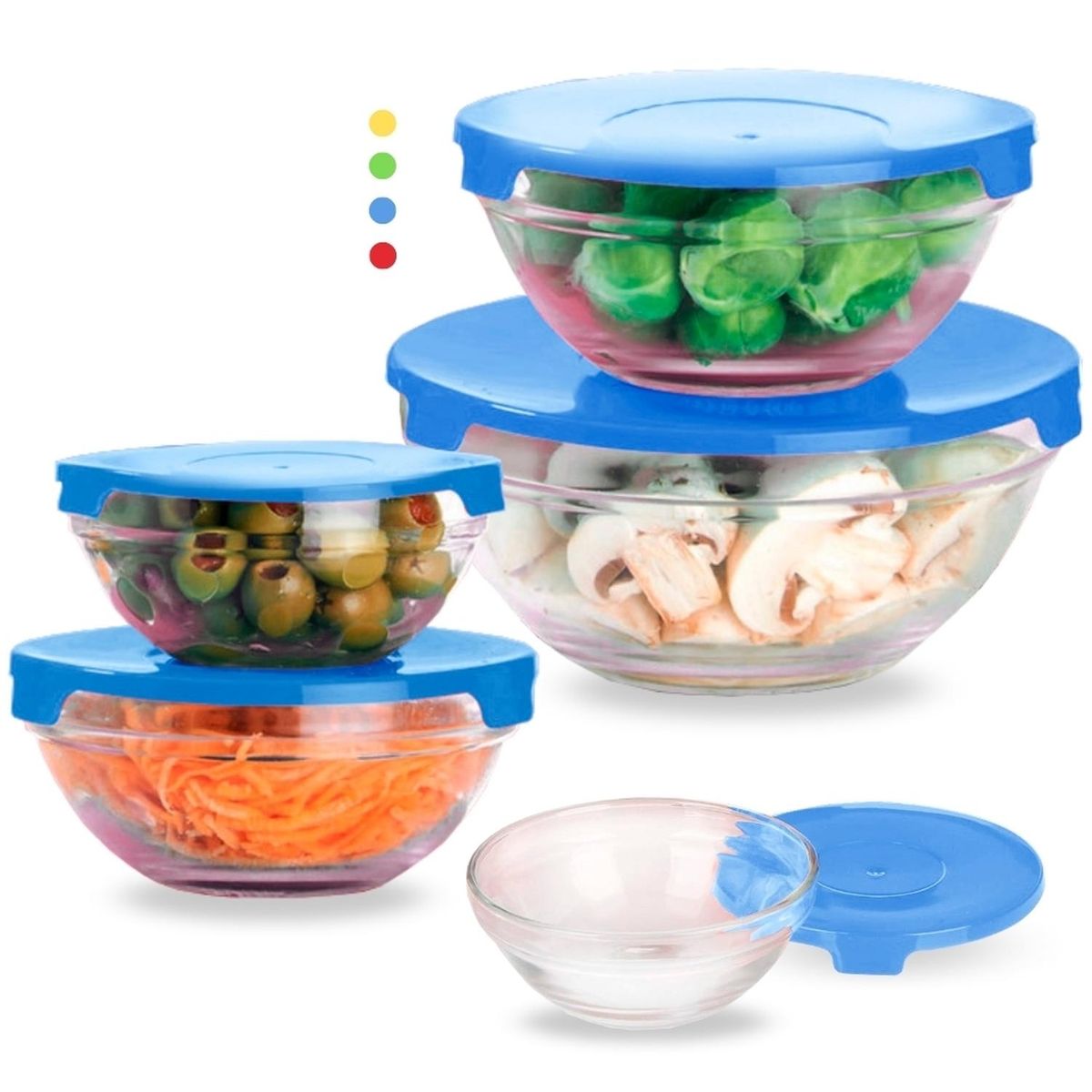 MINARI - Set 05 Bowls de Vidrio Tápers Herméticos con Tapa Azul 45V
