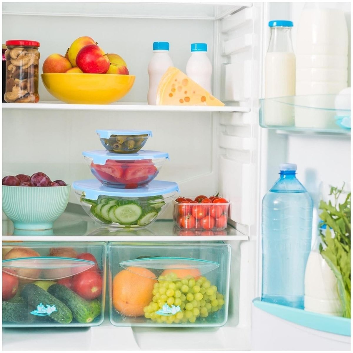 MINARI - Set 05 Bowls de Vidrio Tápers Herméticos con Tapa Azul 45V