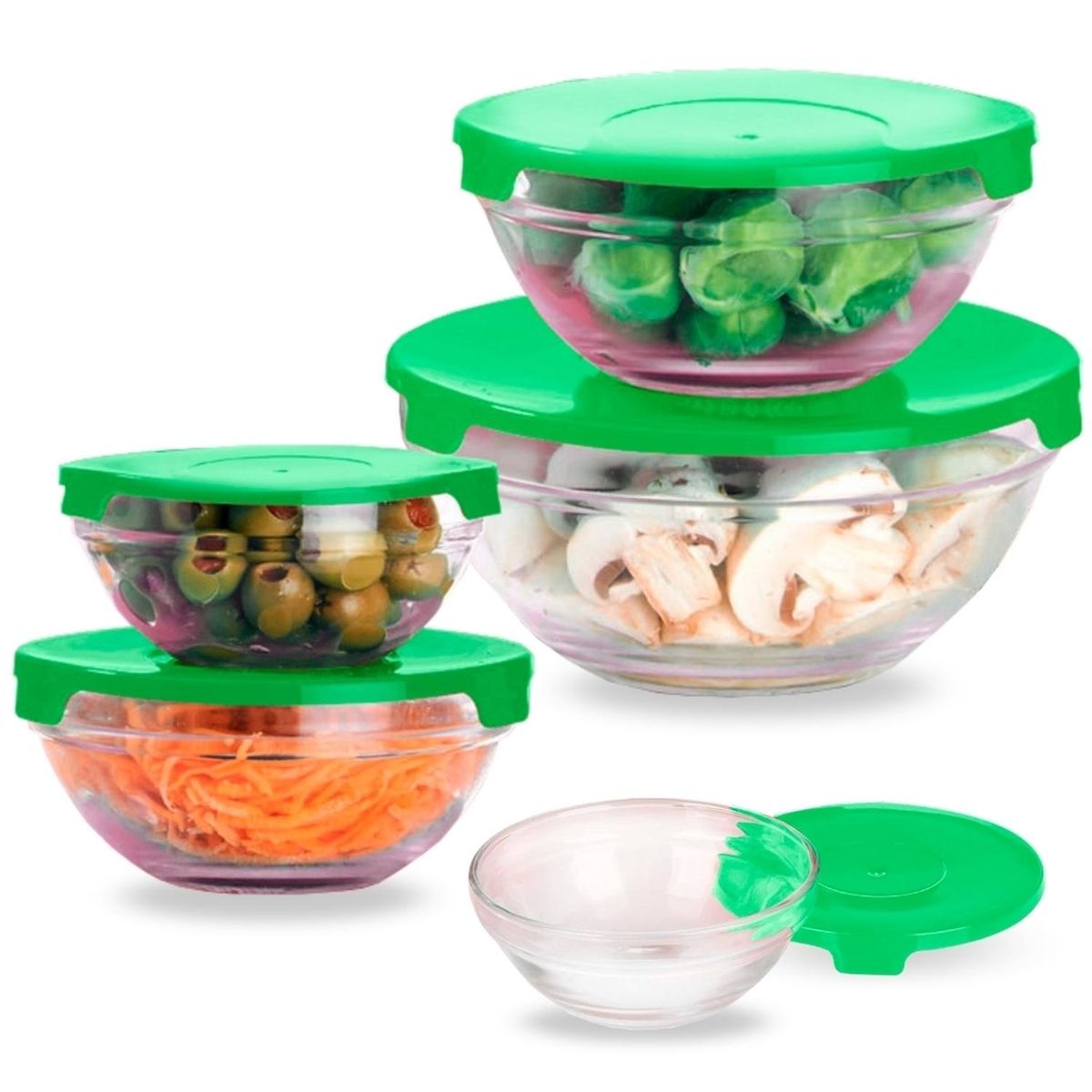 MINARI - Set 05 Bowls de Vidrio Tápers Herméticos con Tapa Verde 45V