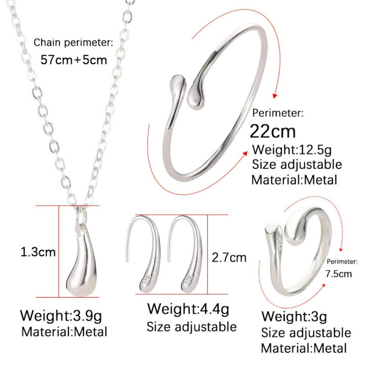 VATYERTY - 4 piezas de collar de pulsera de aretes de mujer en plata esterlina
