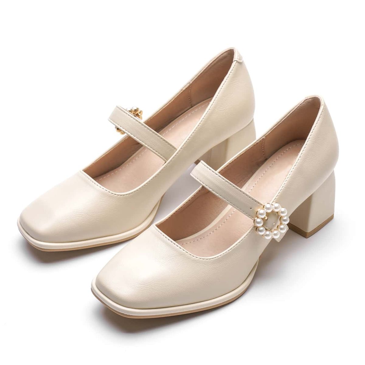 VATYERTY - Tacones mary jane con diseño de perla con tacón grueso