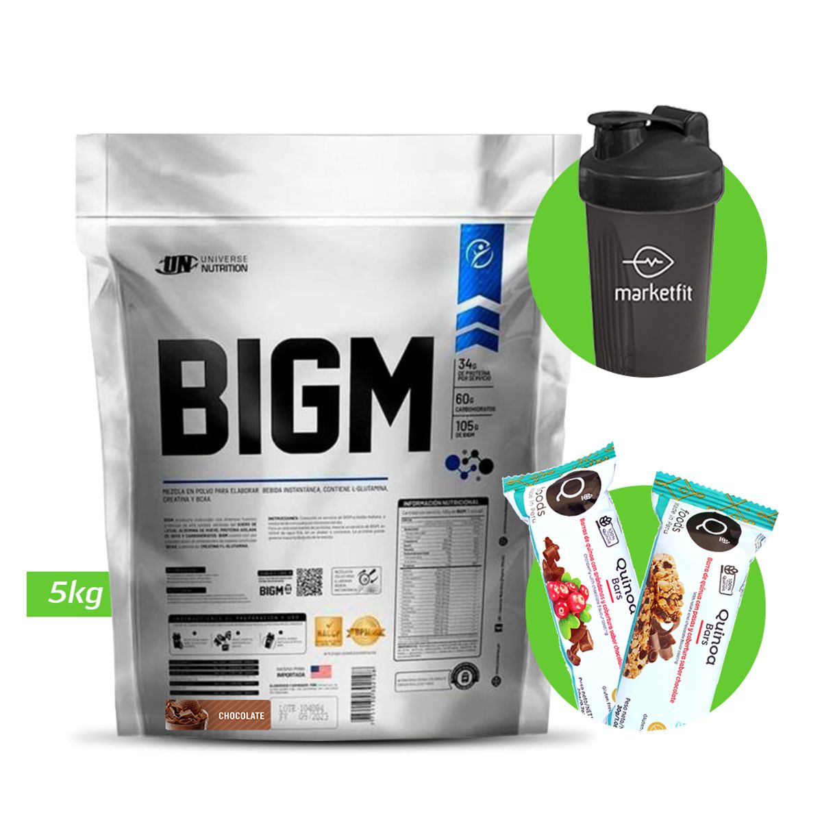 UN - BIGM 5KG PROTEÍNA PARA GANAR MASA MUSCULAR UN CHOCOLATE + REGALOS