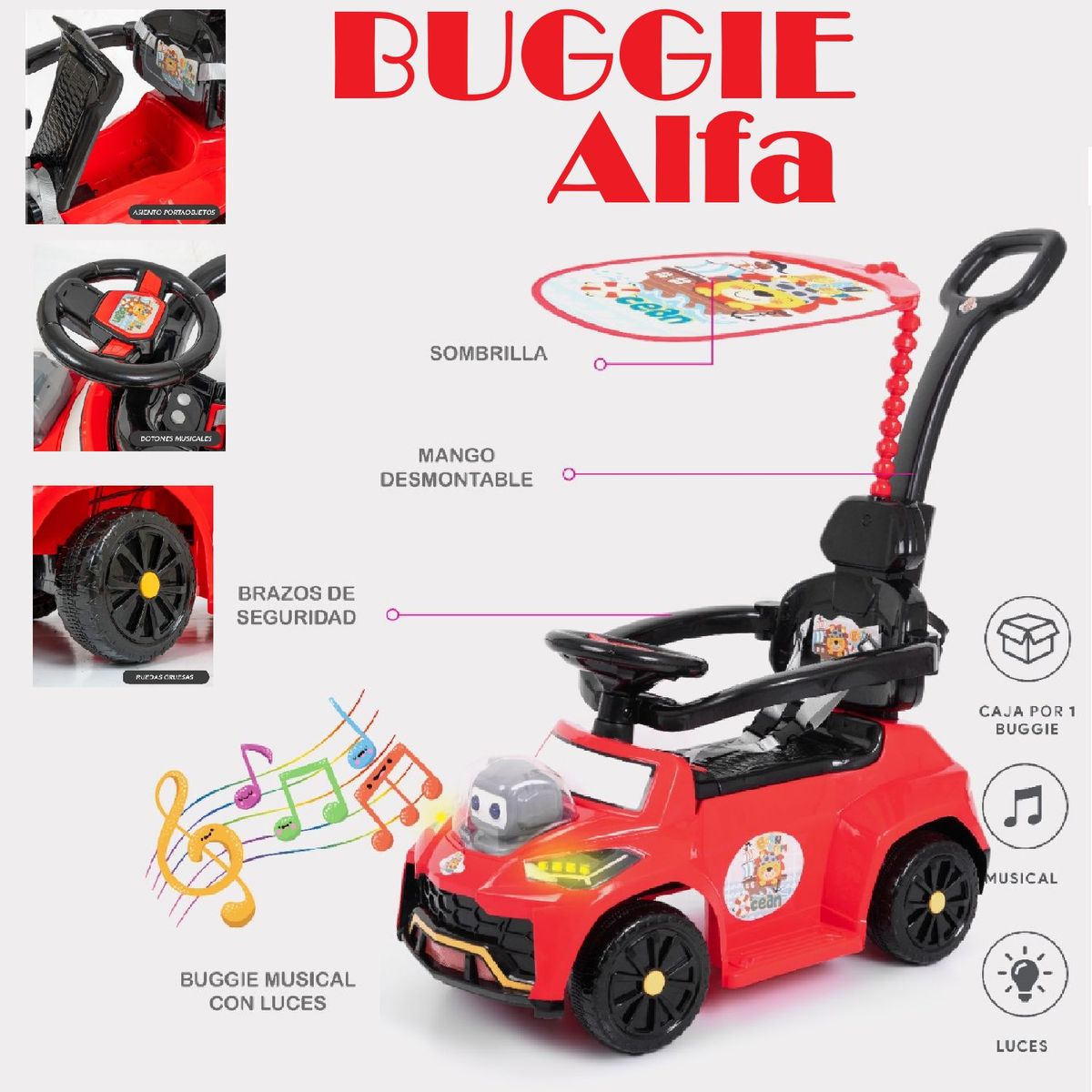 BABY HAPPY - Buggie Alfa Guiador Musical Luces 3 en 1 con Desmontable-RJ