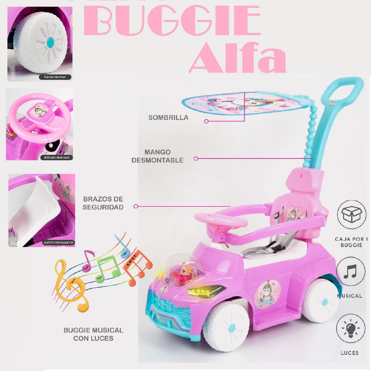 BABY HAPPY - Buggie Alfa Guiador Musical Luces 3 en 1 con Desmontable-RS