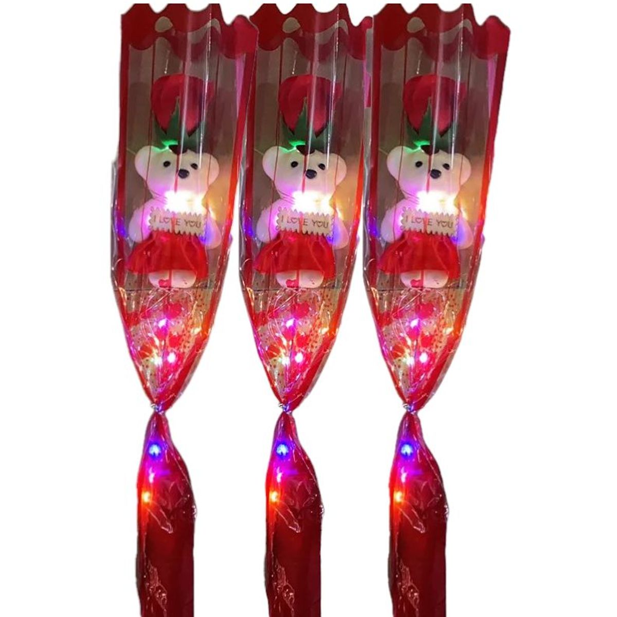 GENERICO - 3 Rosas rojas con osito y luces