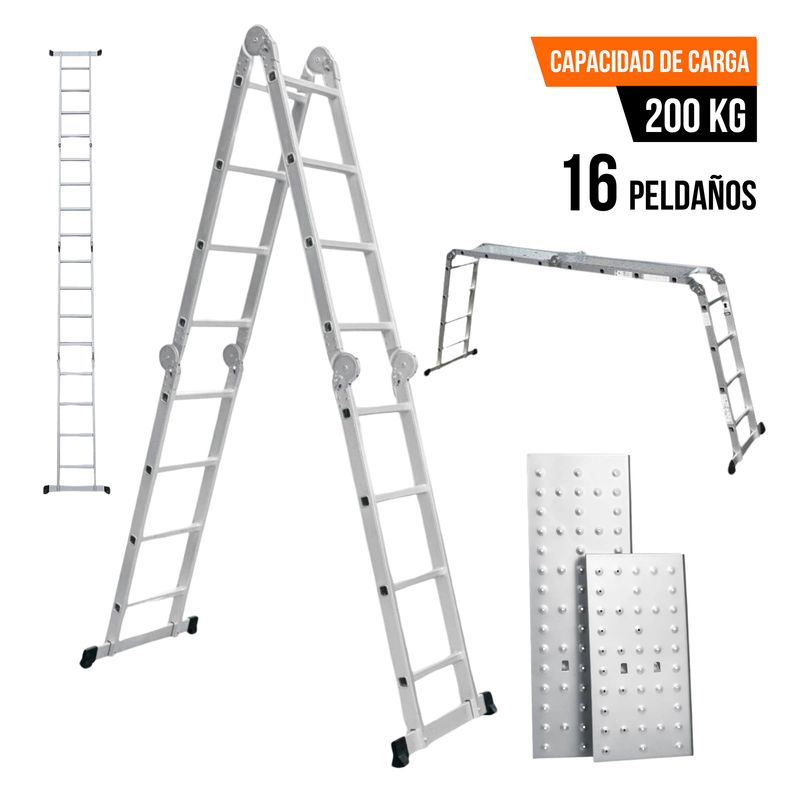 TRUPER - Escalera Multiposición 16 peldaños articulada Soporta 200 Kg Truper
