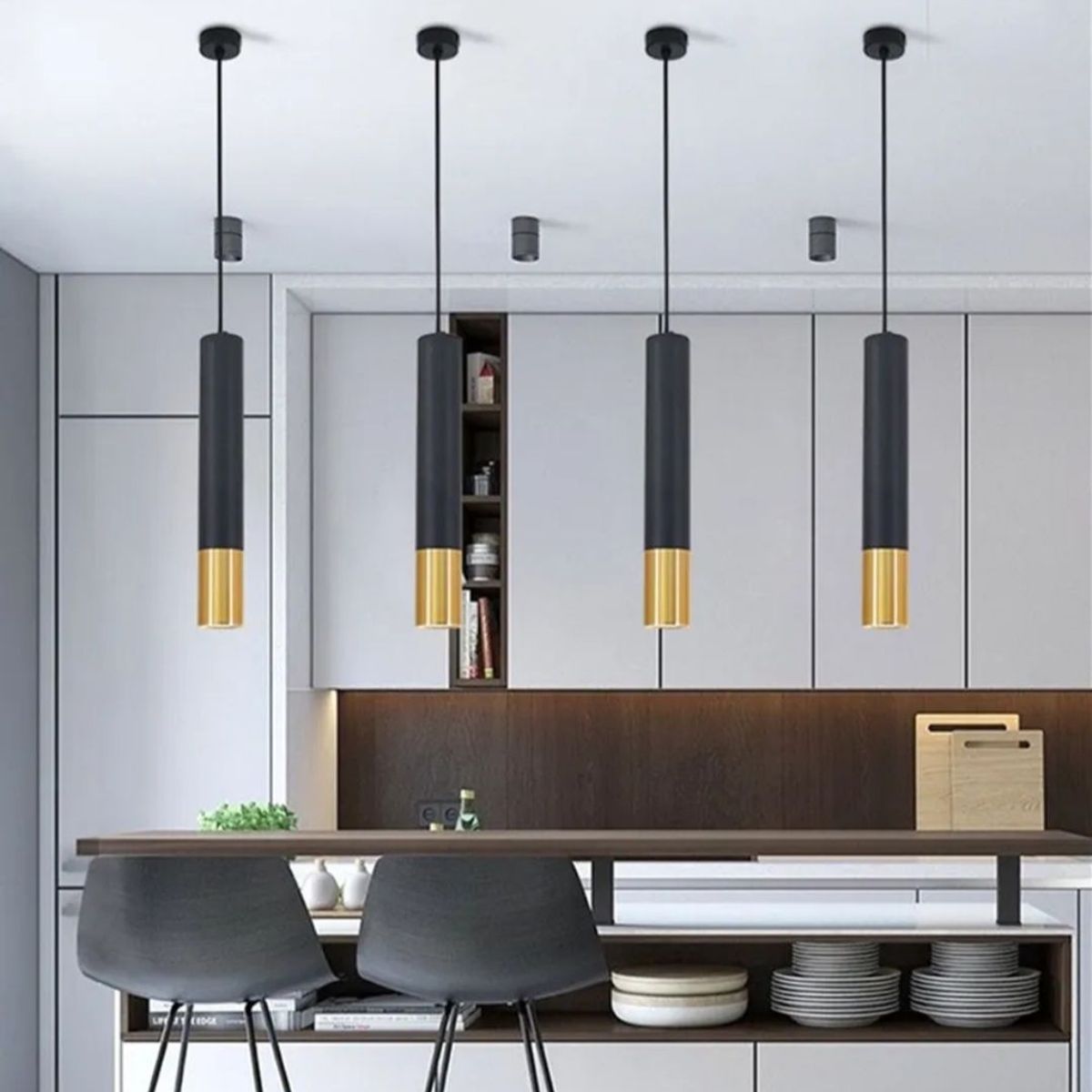 GENERICO - Lámpara de techo colgante tubular slim negro con dorado