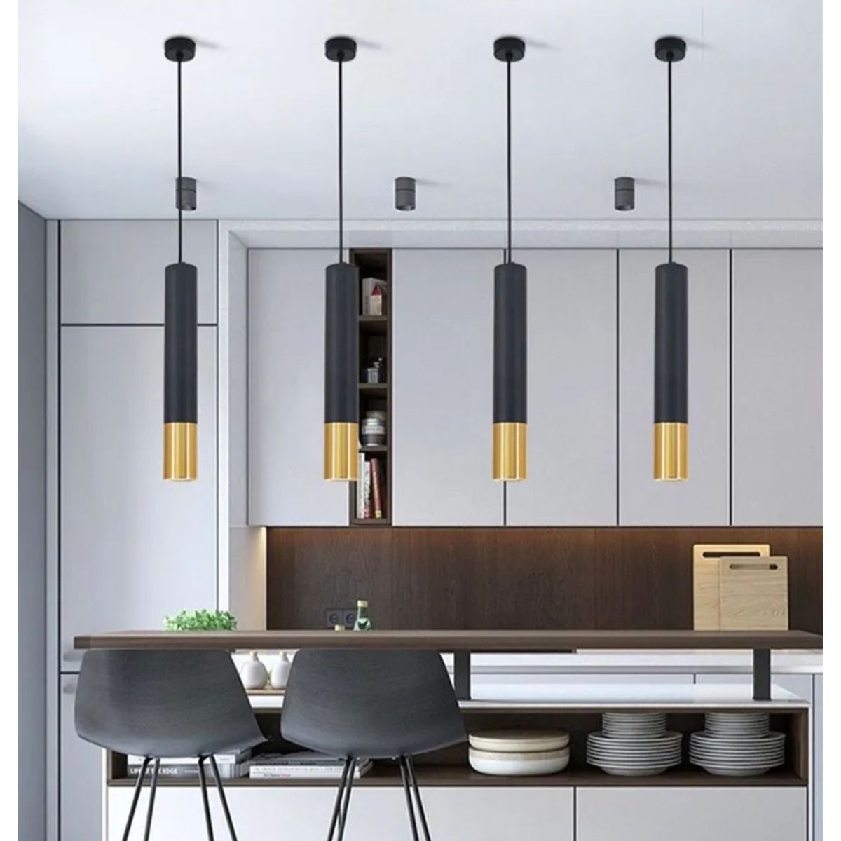 GENERICO - Lámpara de techo colgante tubular slim negro con dorado