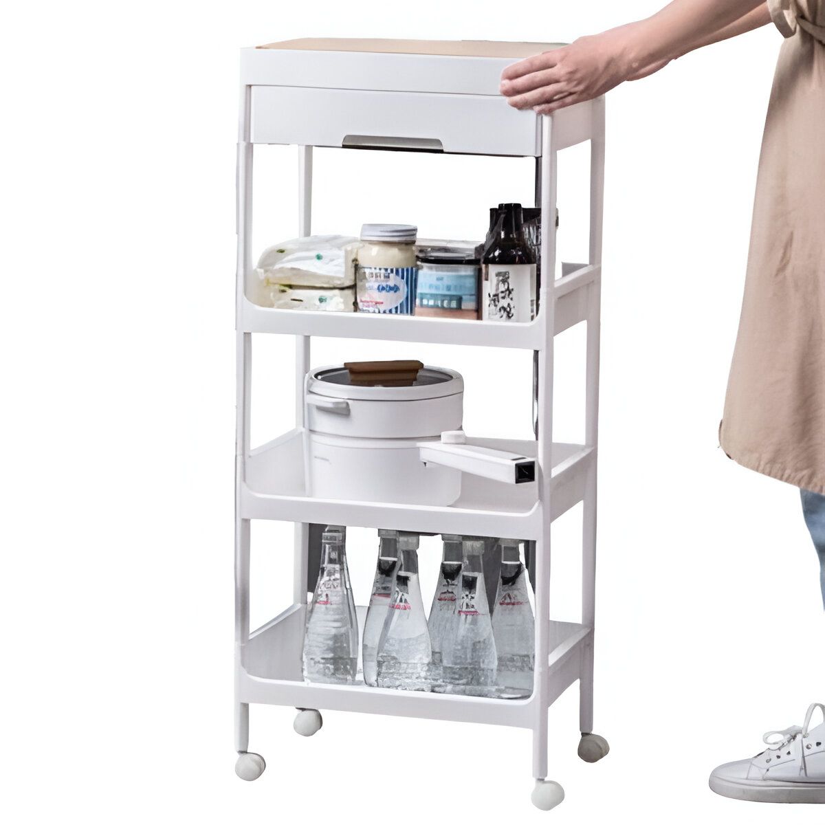 ELMEJORPRECIO - Carrito Organizador De 4 Niveles Multiuso Con Cajón y Tapa De Bambú