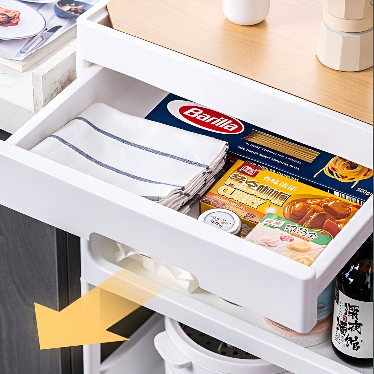 ELMEJORPRECIO - Carrito Organizador De 4 Niveles Multiuso Con Cajón y Tapa De Bambú