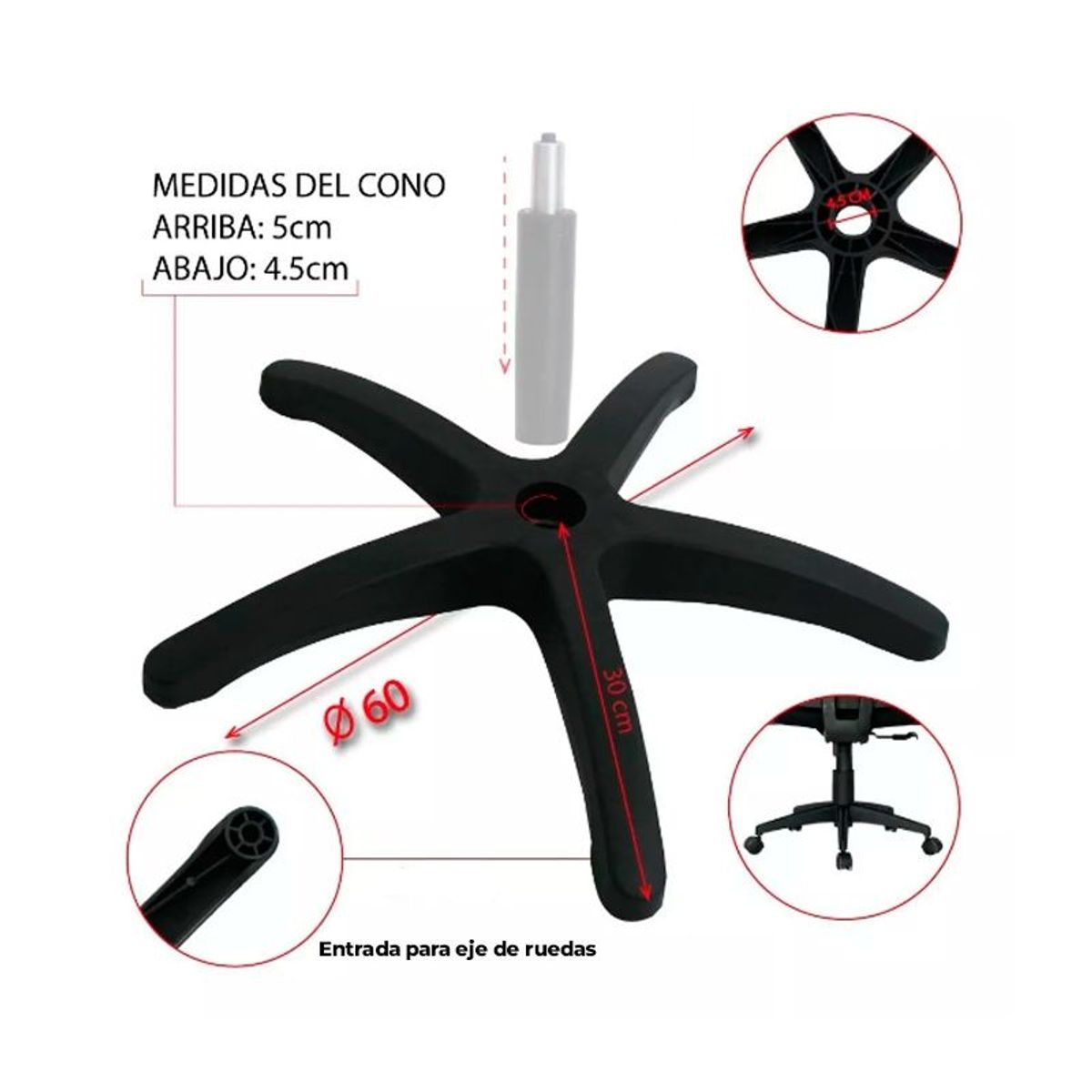 GENERICO - BASE DE SILLA GIRATORIA ARAÑA DE NYLON NEGRO