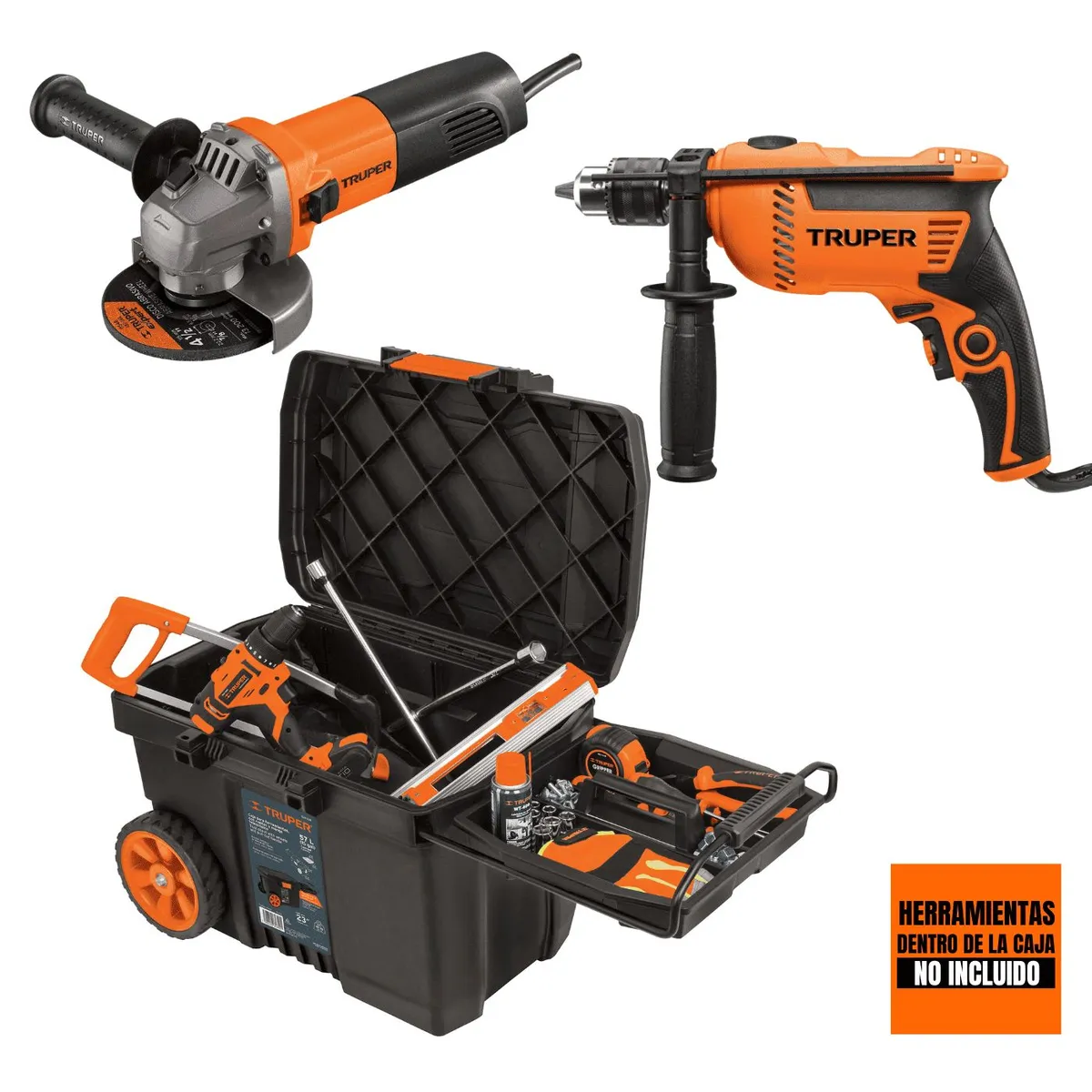 TRUPER - Taladro 600W  Amoladora 800W  Caja de herramientas con ruedas Truper