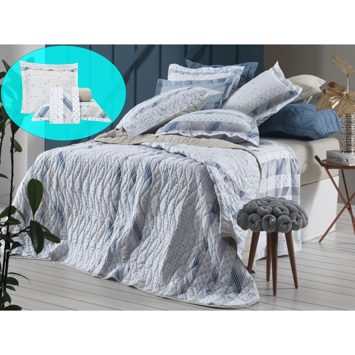 ALTENBURG - cubrecama satinado + juego de sabanas 7 piezas QUEEN - IVORY