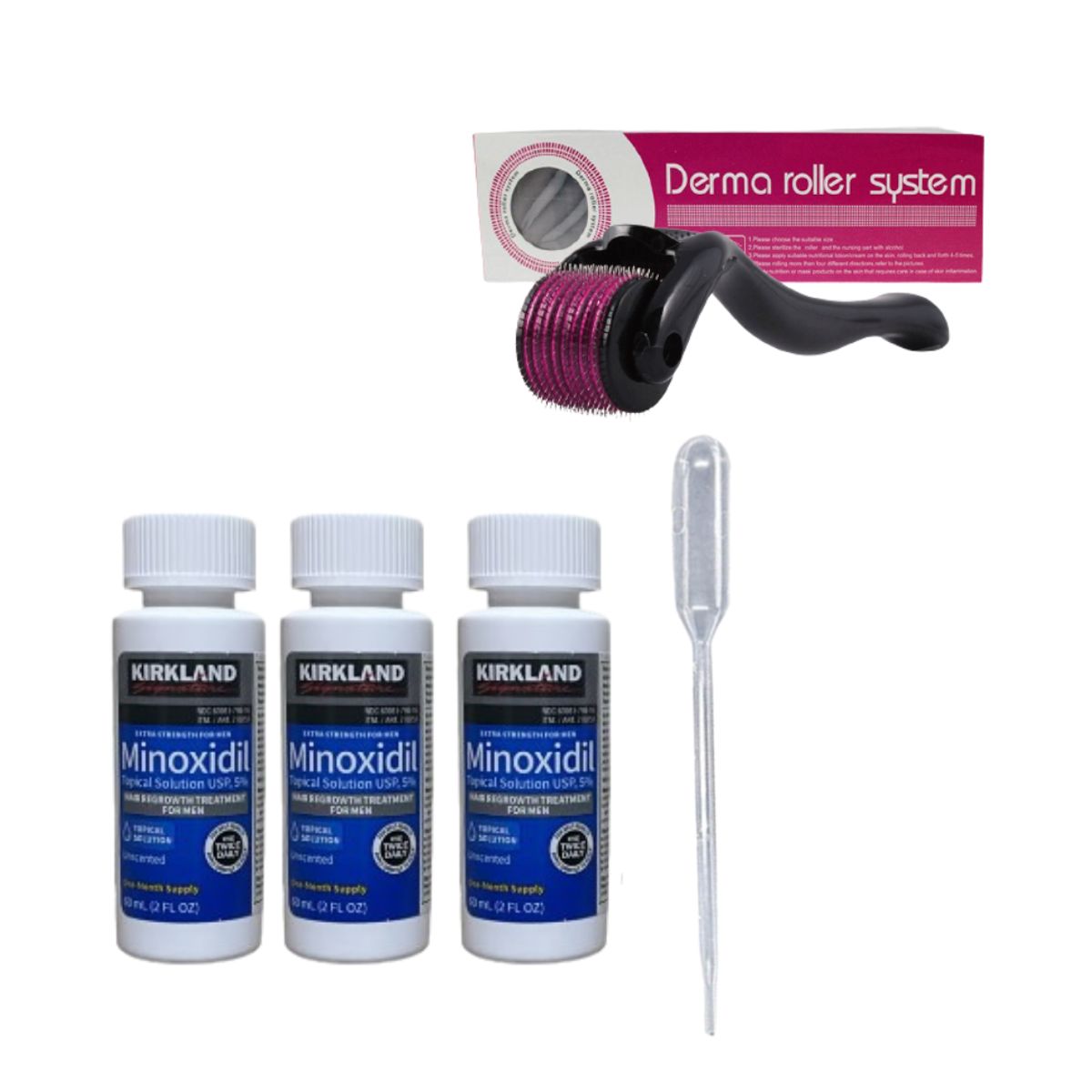 GENERICO - Tratamiento completo Minoxidil Kirkland 3 potes + dermaroller