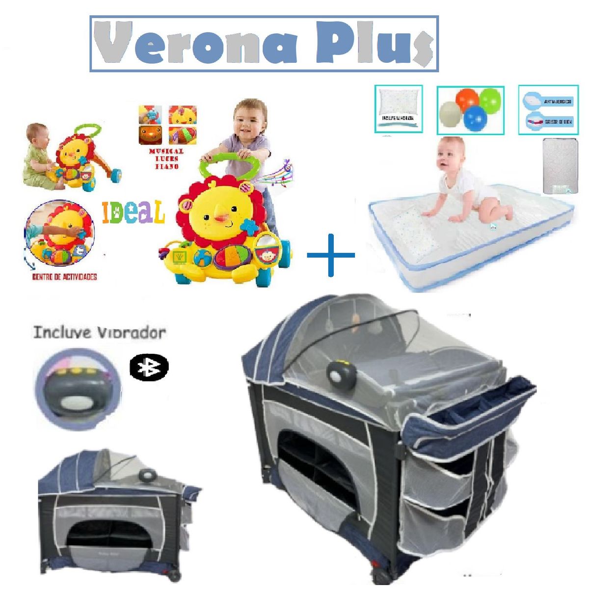 BABY KITS - Cuna Verona Plus -Colchon C- Andador Leon- Azul