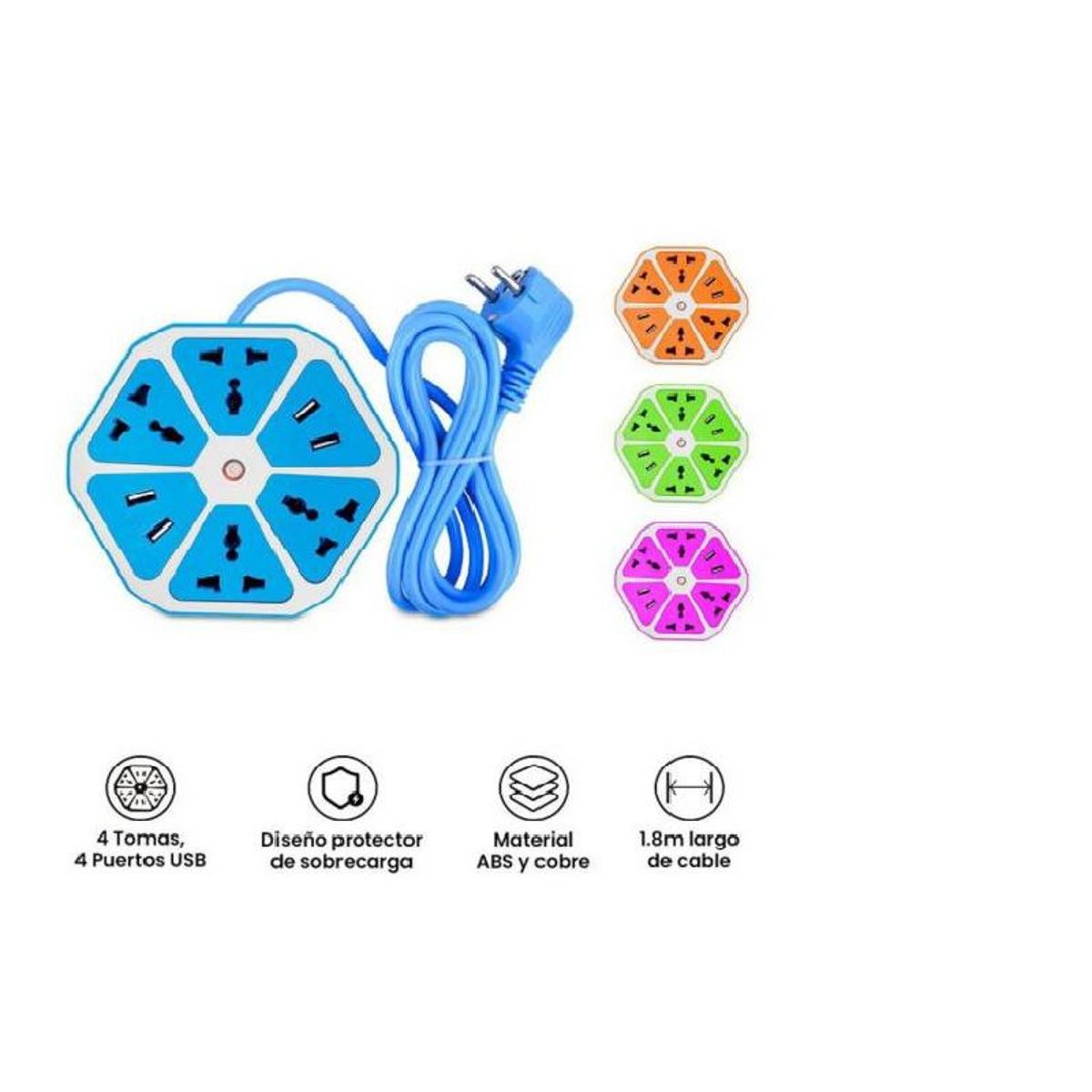 GENERICO - Extension Tomacorriente Multiple 4 Tomas + 4 Puertos Usb