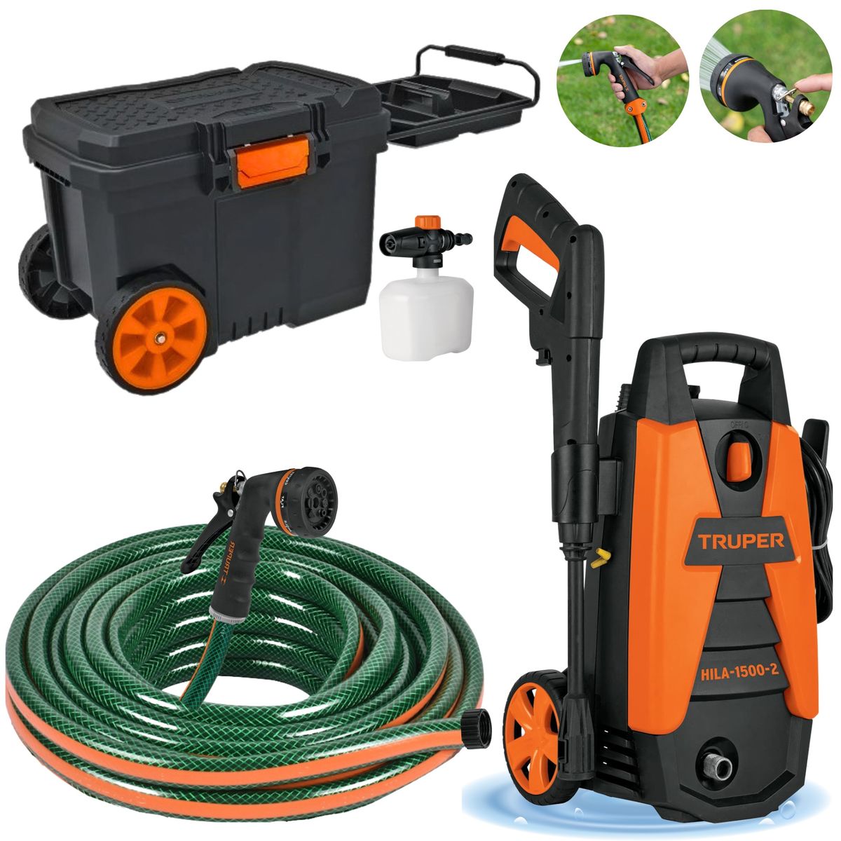 TRUPER - hidrolavadora manguera 10m pistola de riego y caja de herramientas
