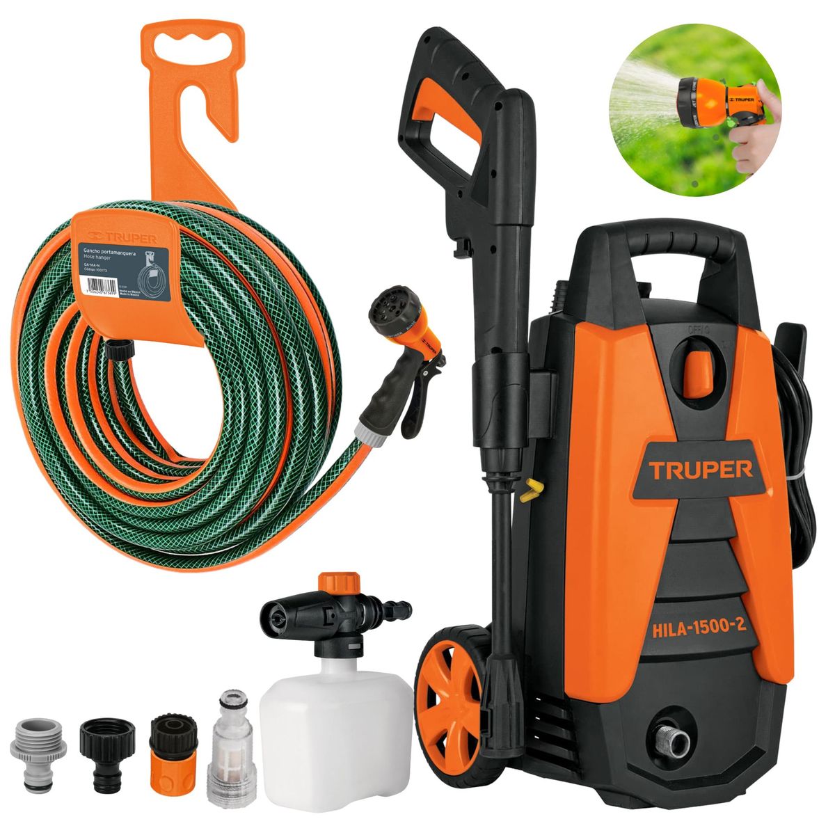 TRUPER - Combo Hidrolavadora Truper 1500 PSI, manguera de 10m pistola de riego