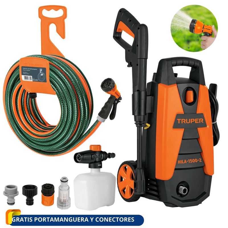 TRUPER - Combo Hidrolavadora Truper 1500 PSI, manguera de 10m pistola de riego