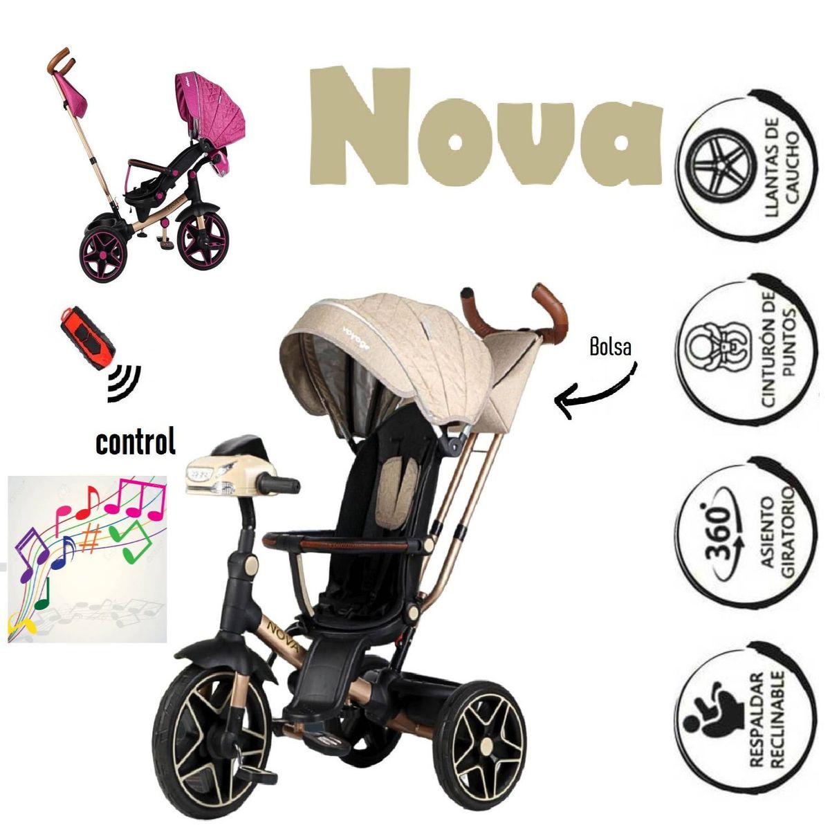 VOYAGE - Triciclo 6en1 Nova Asiento Giratorio con Control Remoto-beig