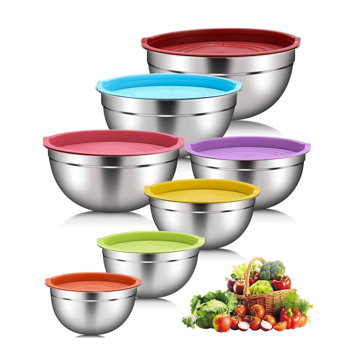 GRETAIL - Set Bowls Acero Inoxidable 14 Piezas Con Tapas De Colores