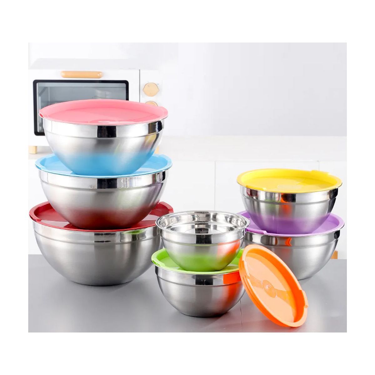 GRETAIL - Set Bowls Acero Inoxidable 14 Piezas Con Tapas De Colores
