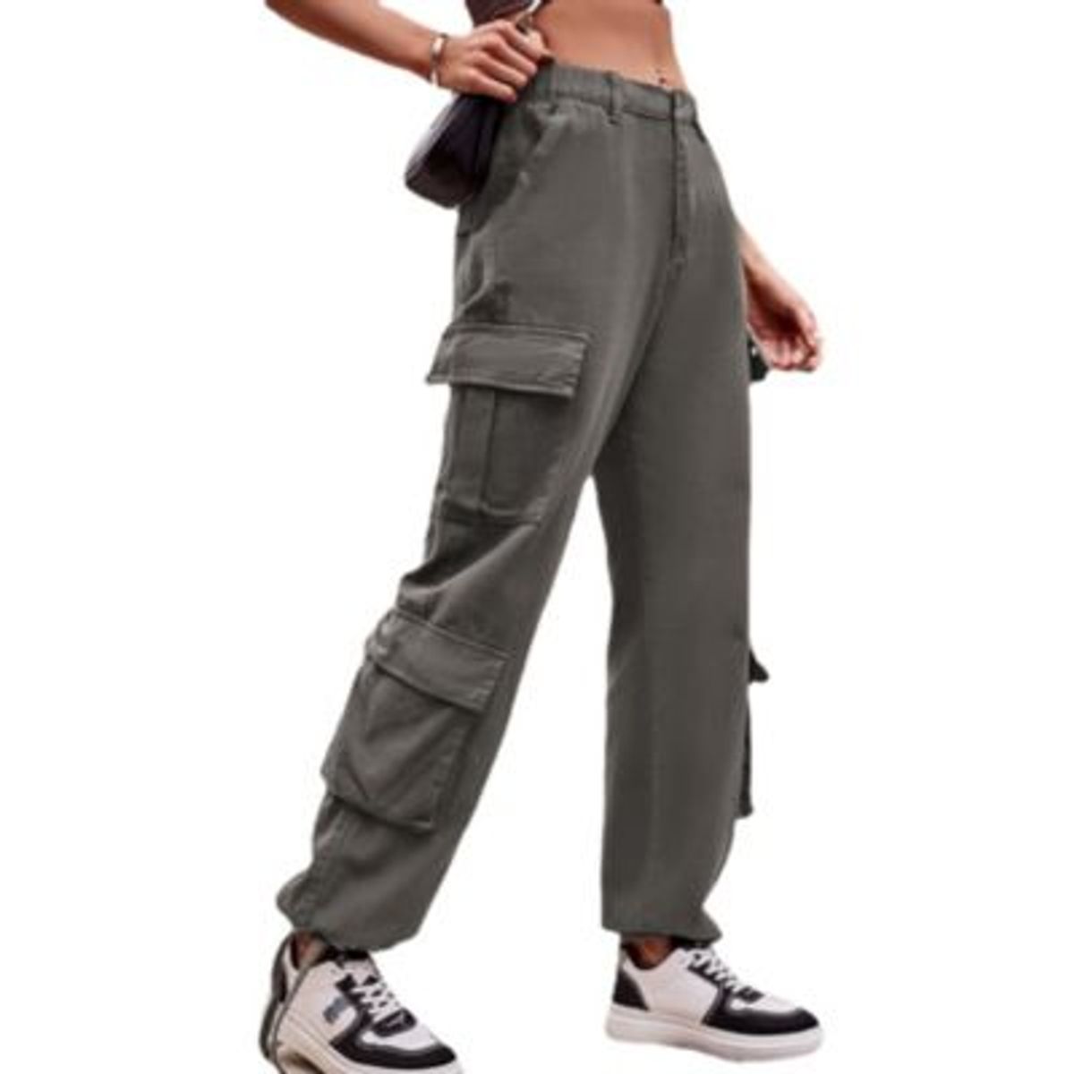 BLWOENS - Pantalones cargo elásticos de cintura alta para mujer - Gris