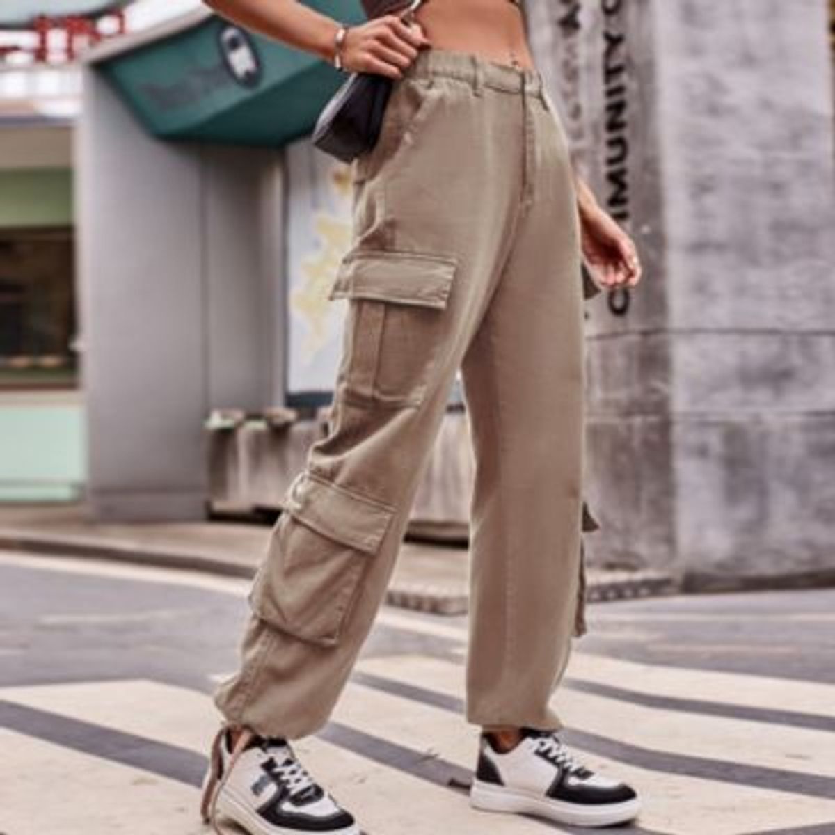 BLWOENS - Pantalones cargo elásticos de cintura alta para mujer - Gris