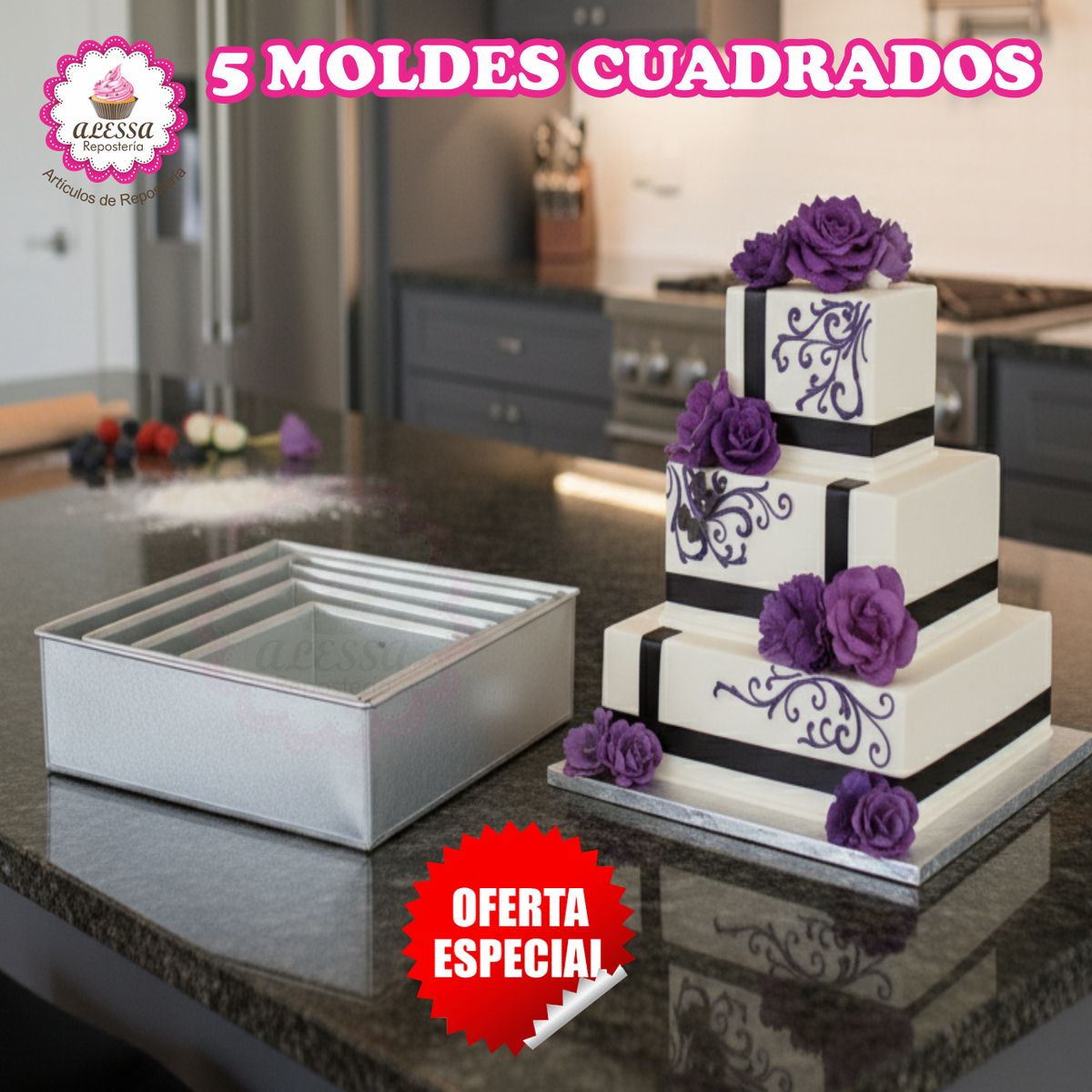 GENERICO - Set de 5 Moldes Cuadrados para Repostería