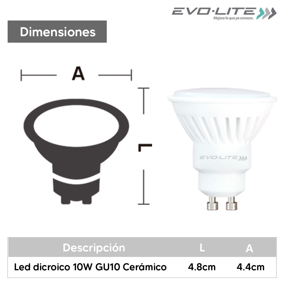 EVOLITE - Dicroico led evolite 10w gu10 ceramico DIA