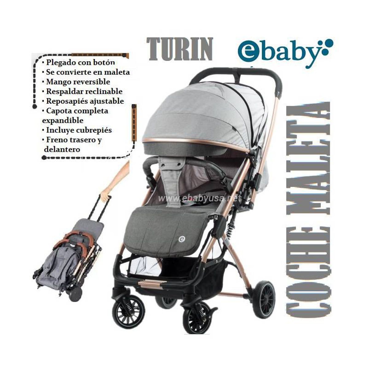 EBABY - Coche Maleta Turin Mango Reversible Gris