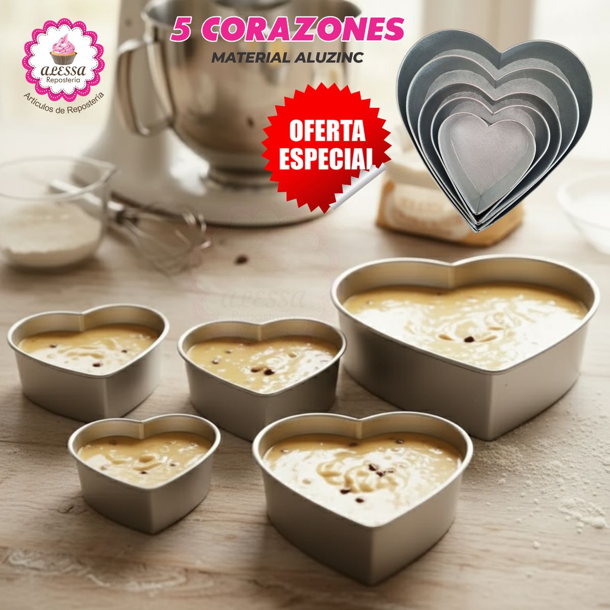 GENERICO - Set de 5 Moldes de Corazón para Reposteria
